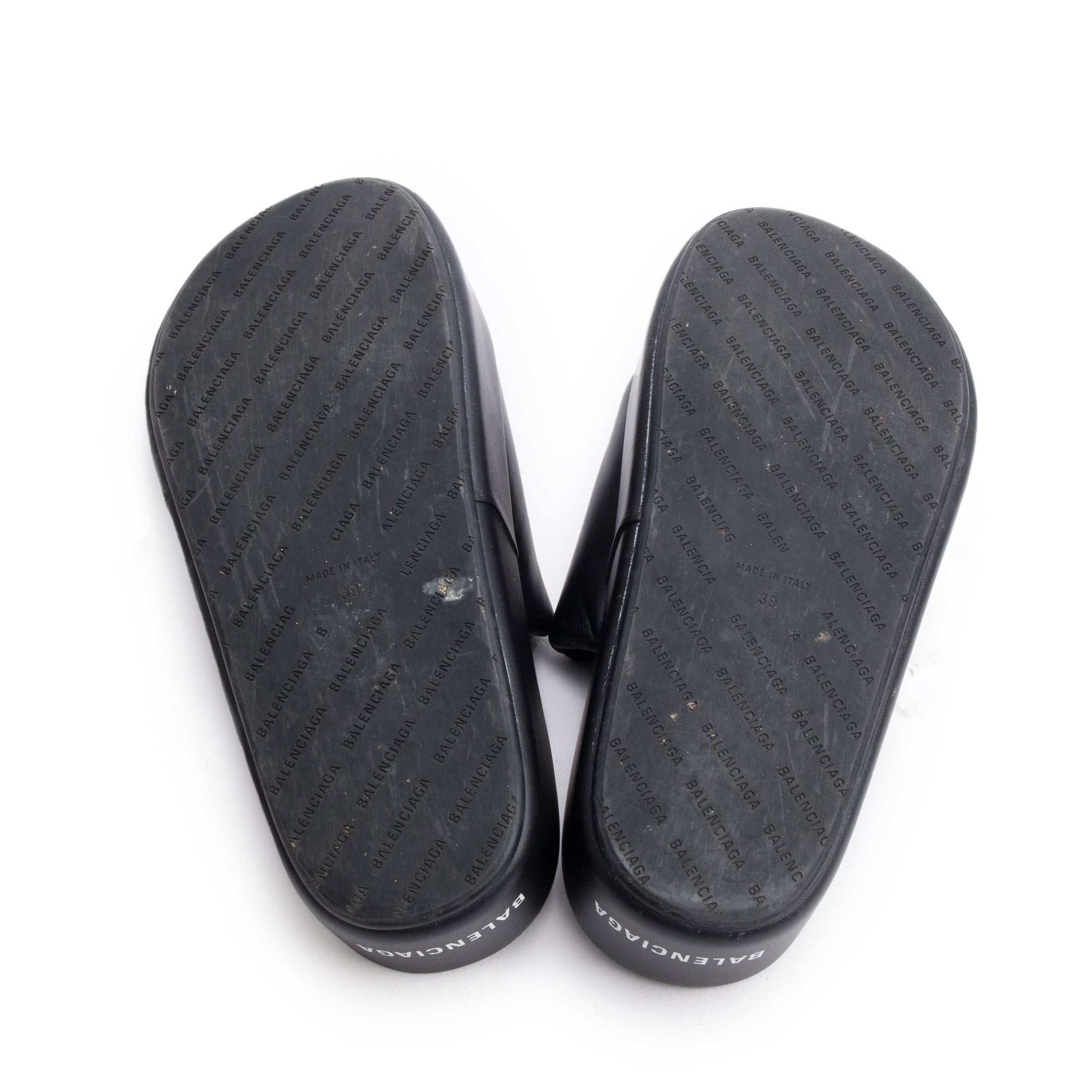 Balenciaga Black LeatherPrinted Logo Platform Slides, Size 39