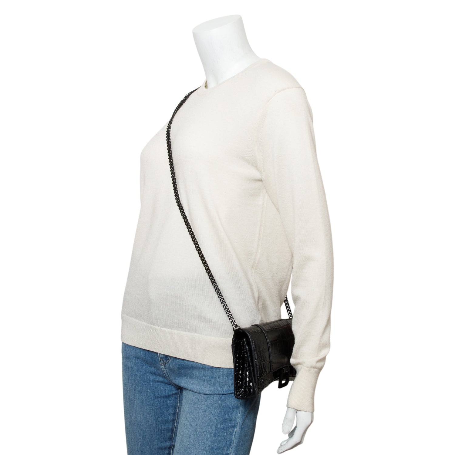 Balenciaga Black Monochrome Croc-Embossed Leather Hourglass Chain Wallet