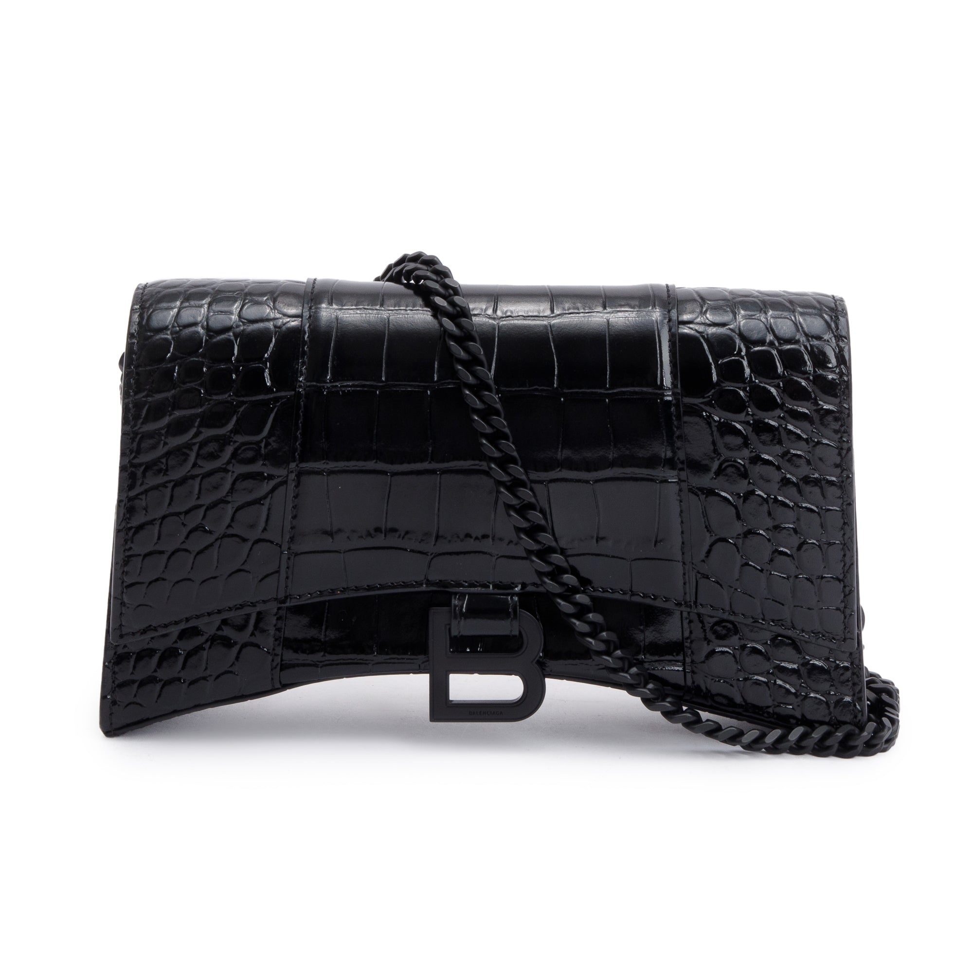 Balenciaga Black Monochrome Croc-Embossed Leather Hourglass Chain Wallet