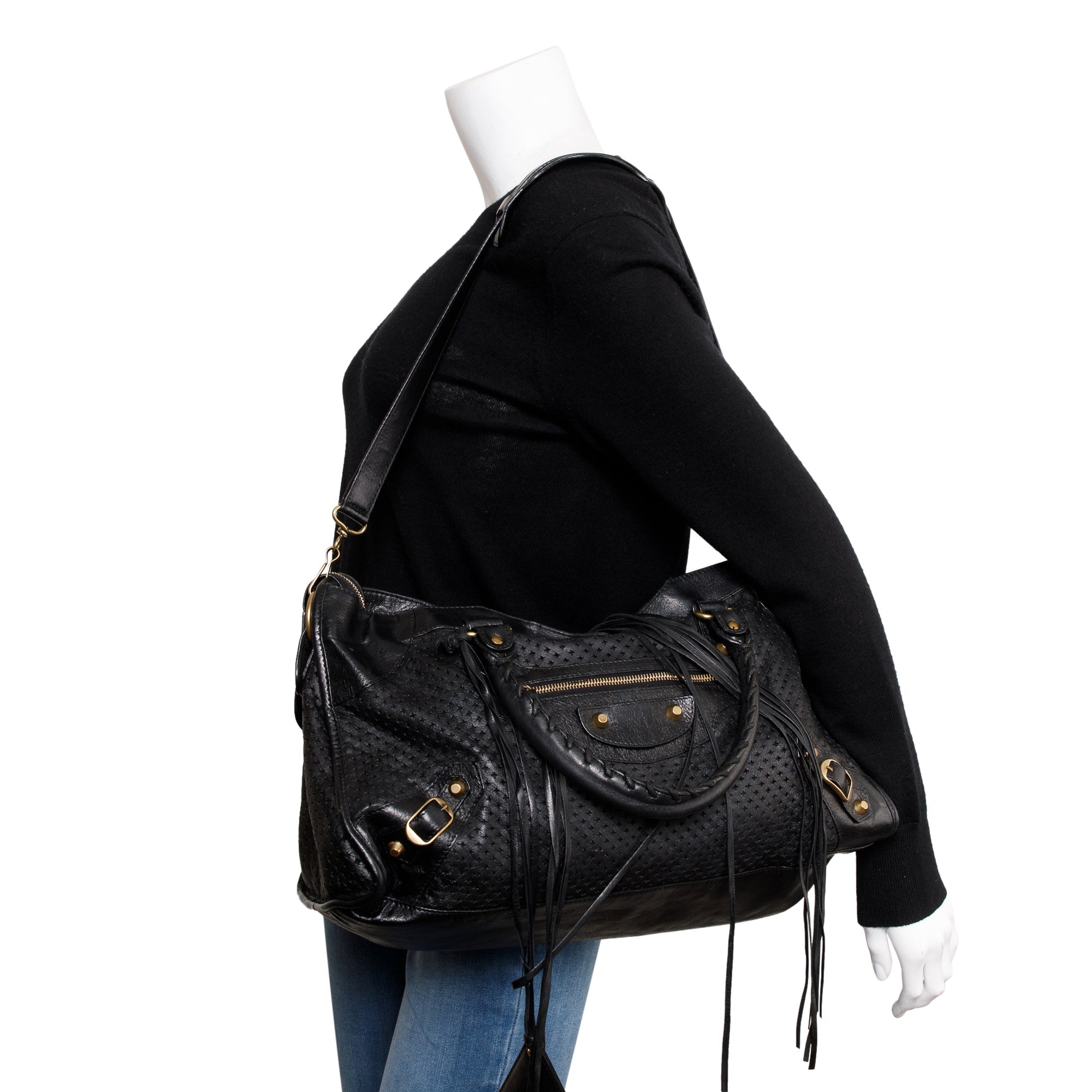 Balenciaga Black Perforated Arena Leather Motocross City Bag