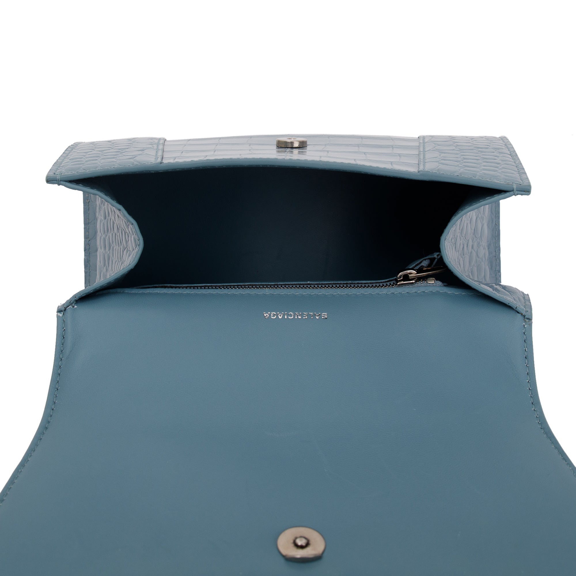 Balenciaga Blue Grey Croc-Embossed Calfskin Leather Small Hourglass Top Handle Bag w/ Strap & Receipt