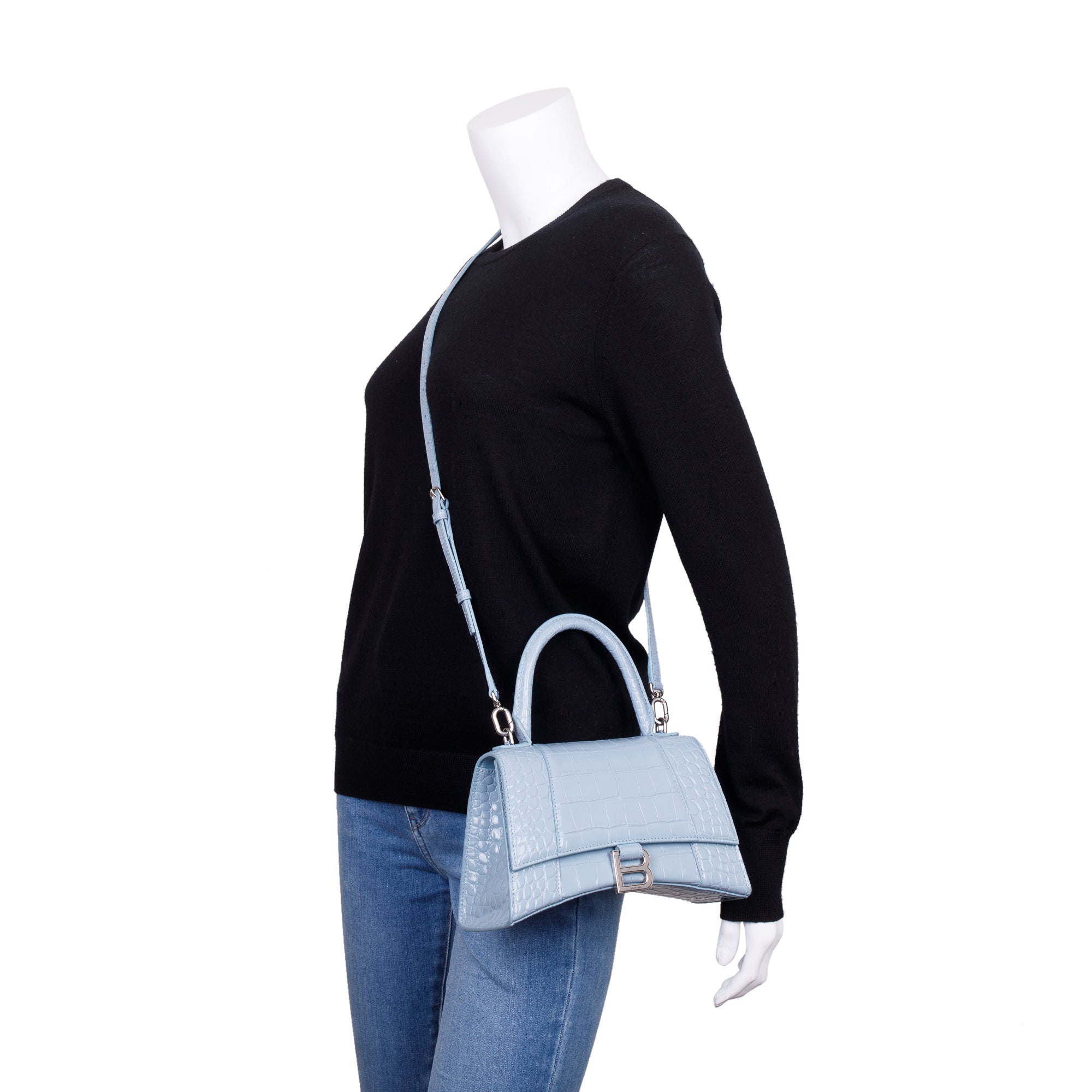 Balenciaga Blue Grey Croc-Embossed Calfskin Leather Small Hourglass Top Handle Bag w/ Strap & Receipt