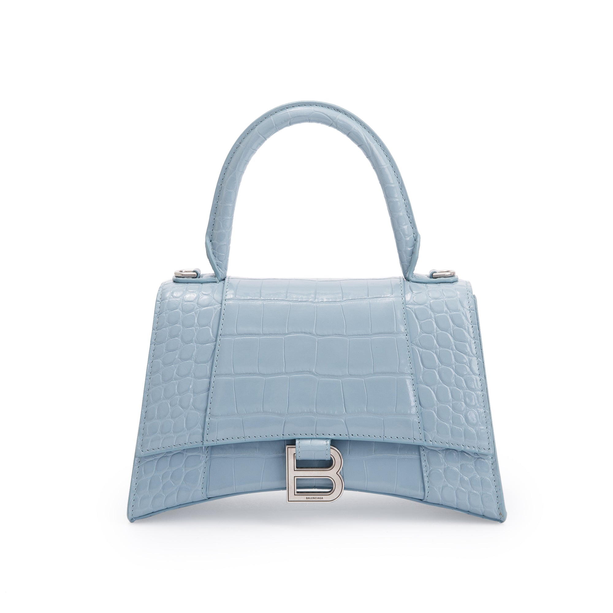 Balenciaga Blue Grey Croc-Embossed Calfskin Leather Small Hourglass Top Handle Bag w/ Strap & Receipt