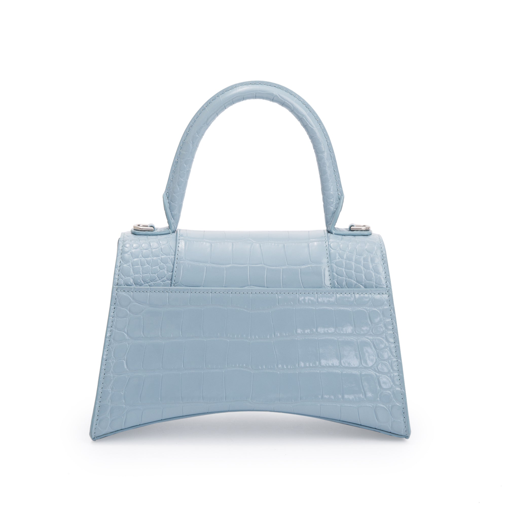 Balenciaga Blue Grey Croc-Embossed Calfskin Leather Small Hourglass Top Handle Bag w/ Strap & Receipt