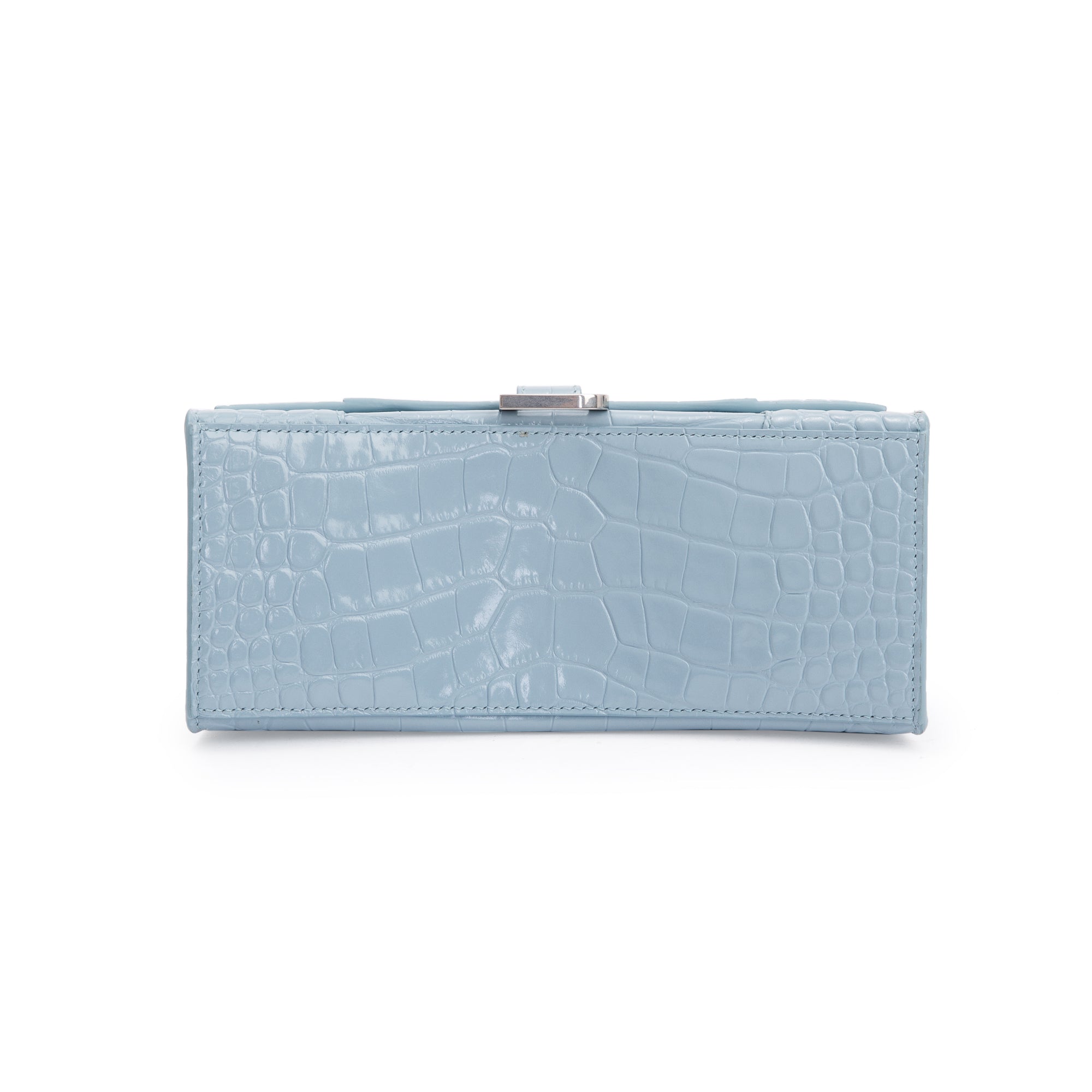 Balenciaga Blue Grey Croc-Embossed Calfskin Leather Small Hourglass Top Handle Bag w/ Strap & Receipt