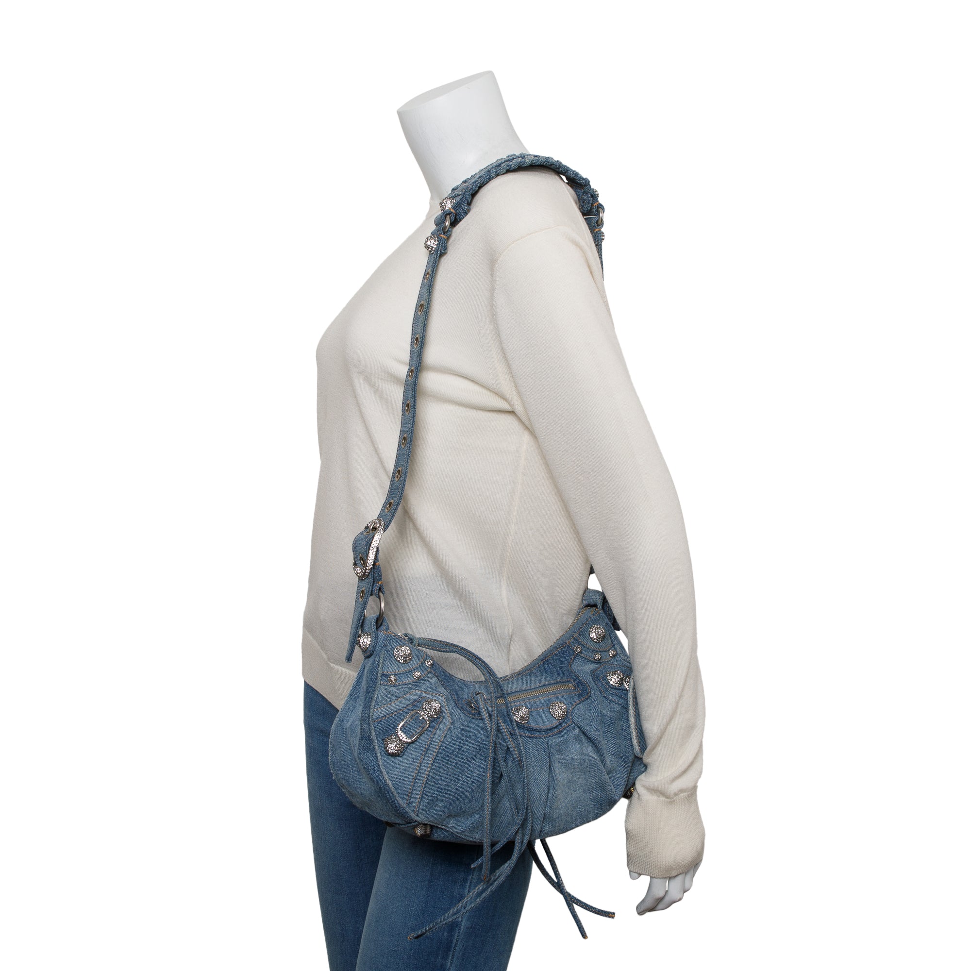 Balenciaga Blue Washed Frayed Denim Rhinestone Le Cagole Small Shoulder Bag