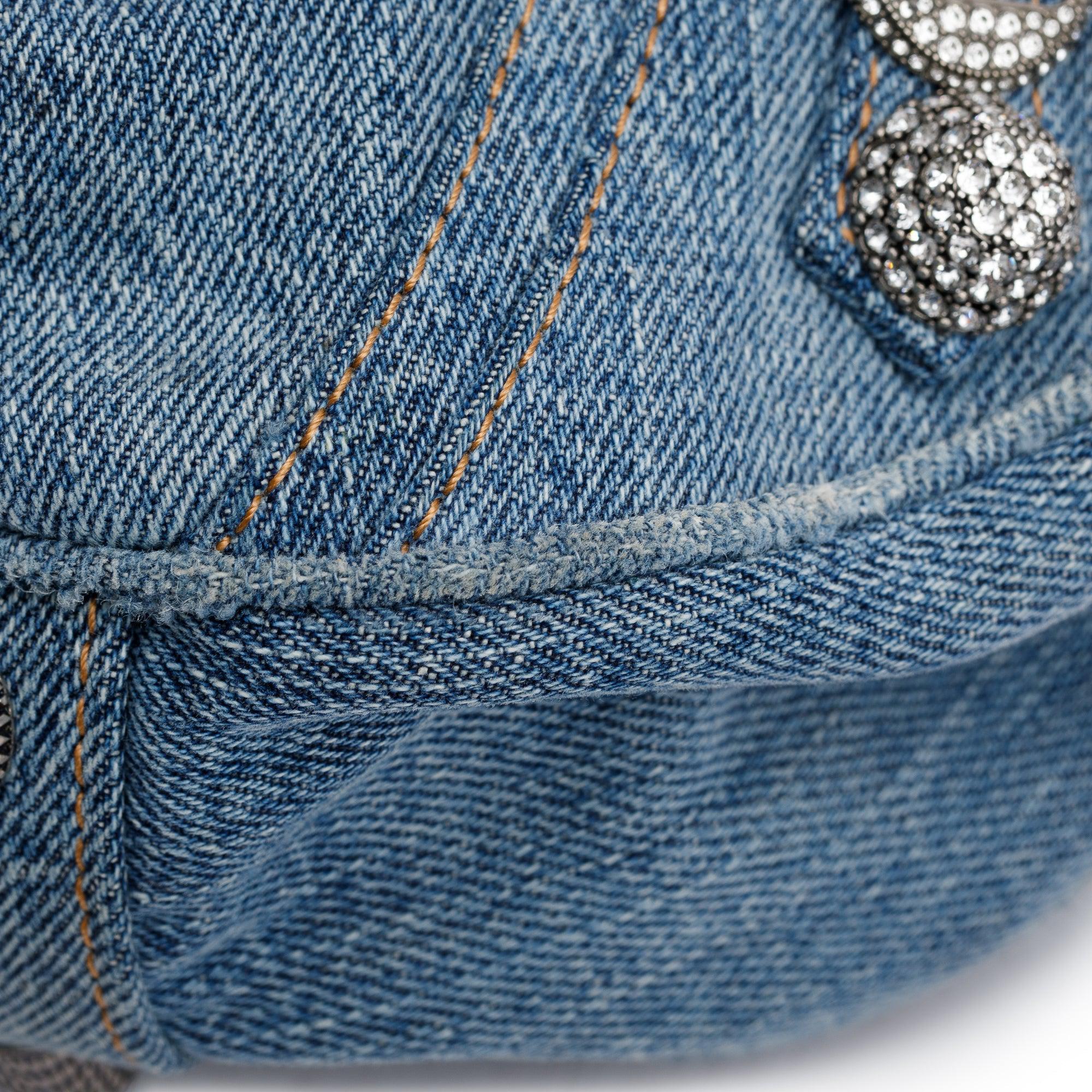 Balenciaga Blue Washed Frayed Denim Rhinestone Le Cagole Small Shoulder Bag