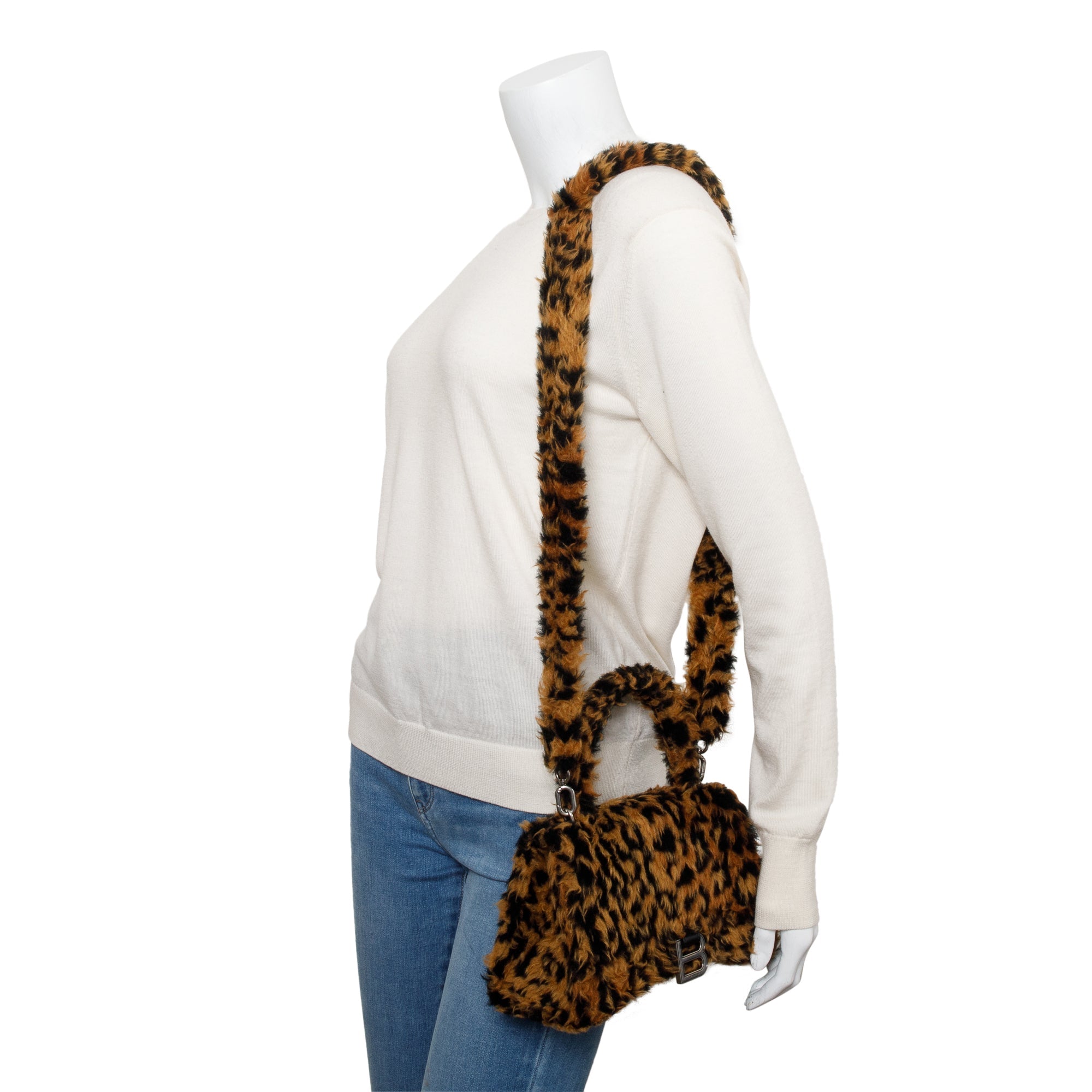 Balenciaga Brown Leopard Print Faux Fur Small Hourglass Top Handle Bag w/ Strap