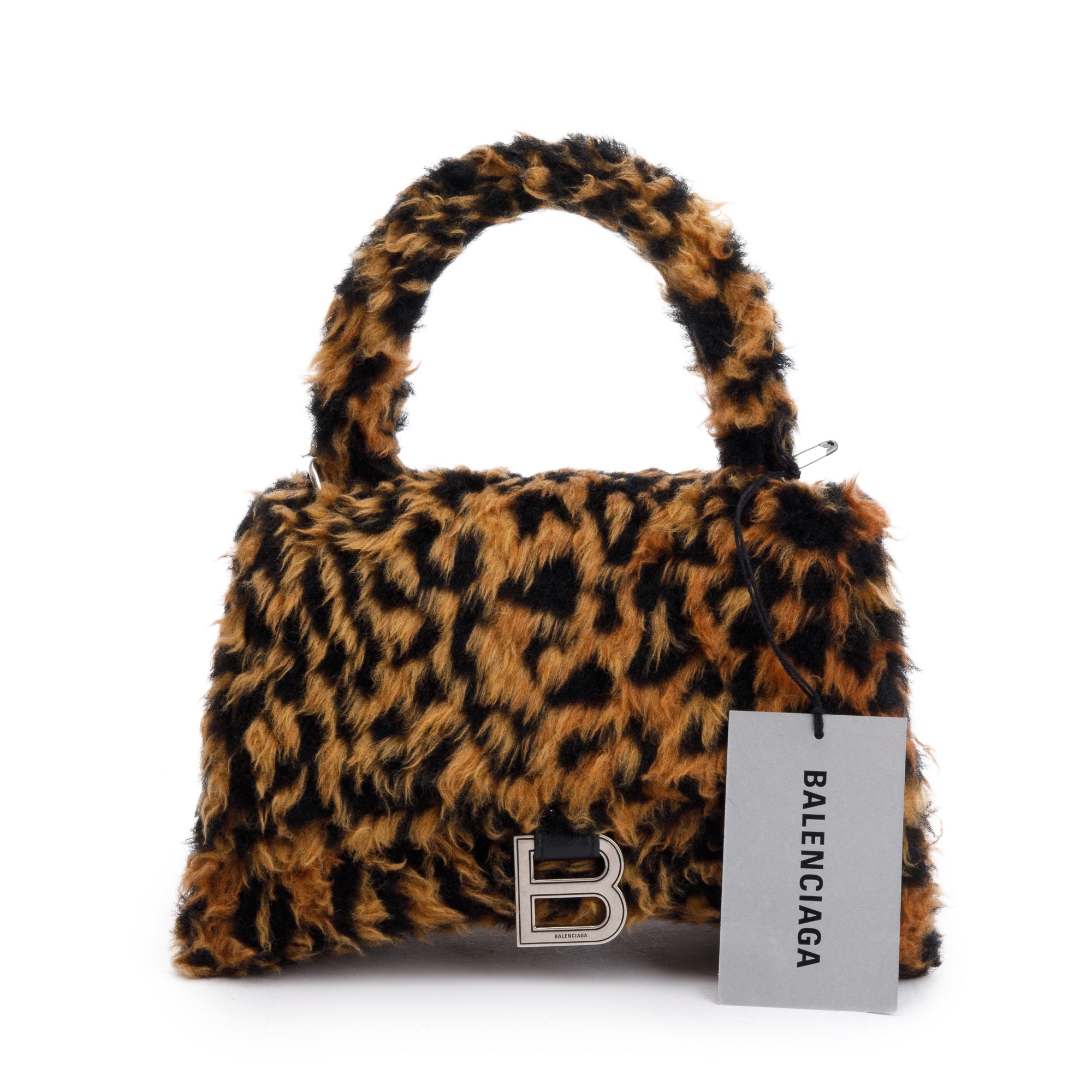 Balenciaga Brown Leopard Print Faux Fur Small Hourglass Top Handle Bag w/ Strap