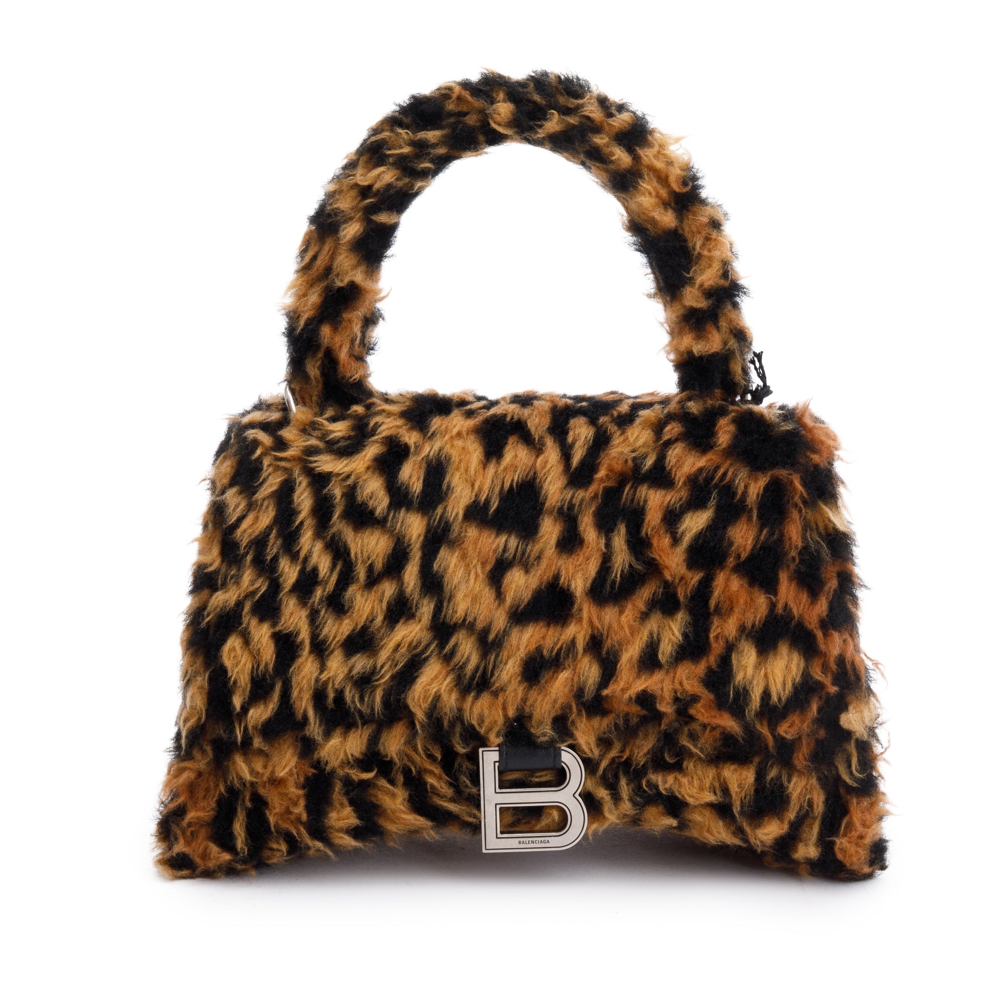 Balenciaga Brown Leopard Print Faux Fur Small Hourglass Top Handle Bag w/ Strap