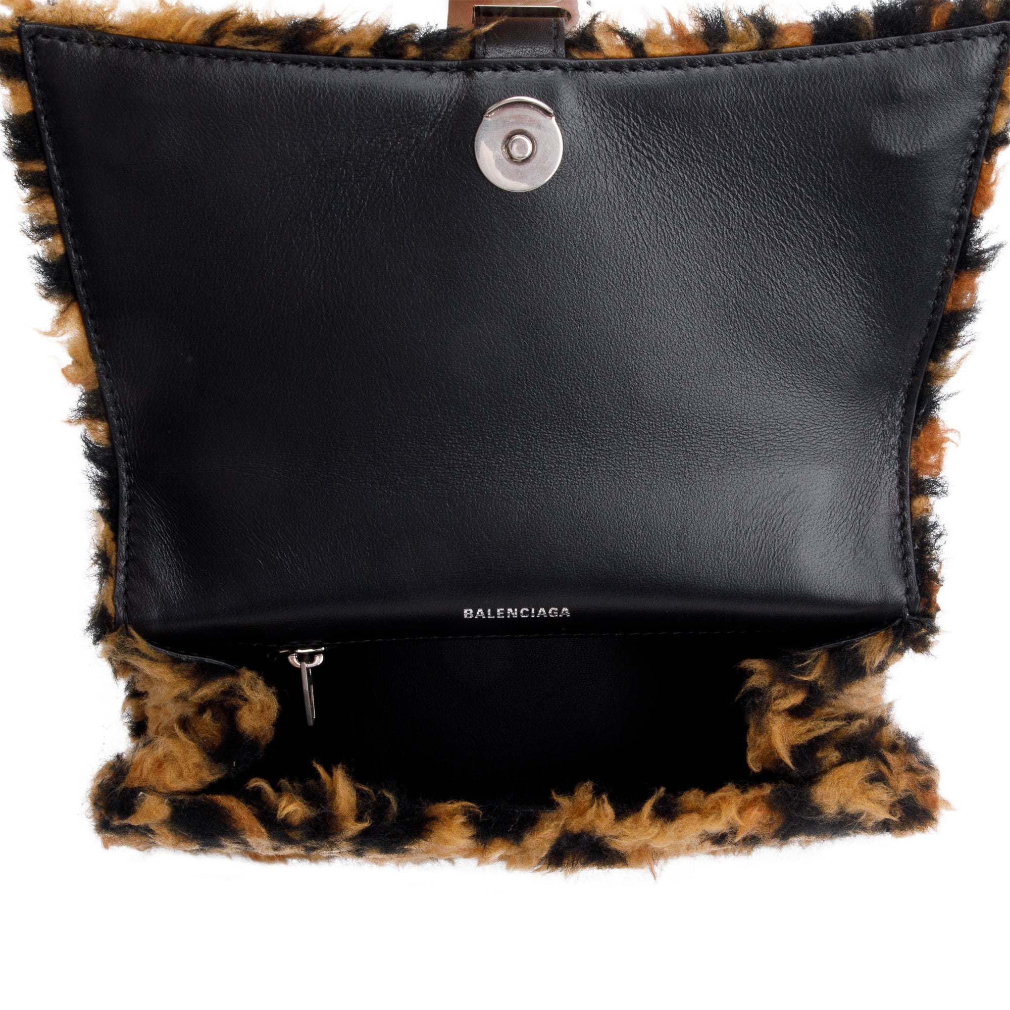 Balenciaga Brown Leopard Print Faux Fur Small Hourglass Top Handle Bag w/ Strap