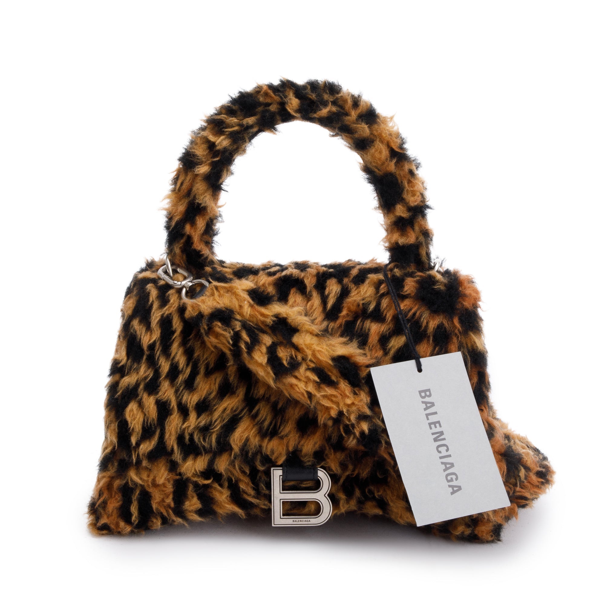 Balenciaga Brown Leopard Print Faux Fur Small Hourglass Top Handle Bag w/ Strap