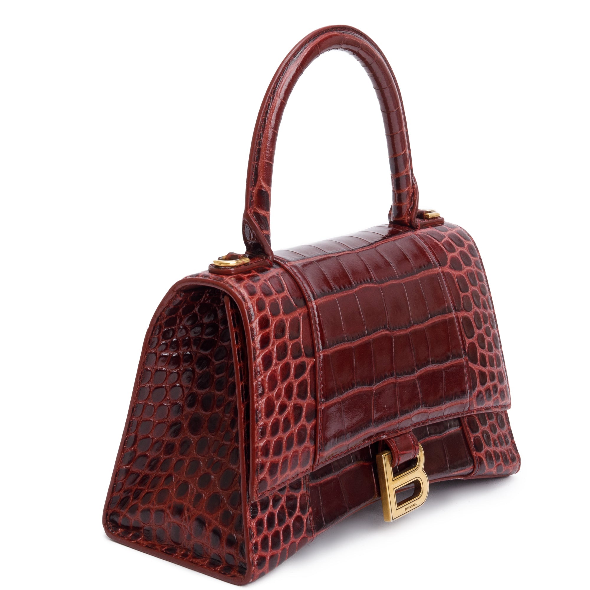 Balenciaga Burgundy Croc Embossed Leather Small Hourglass Top Handle Bag w/ Strap & Receipt