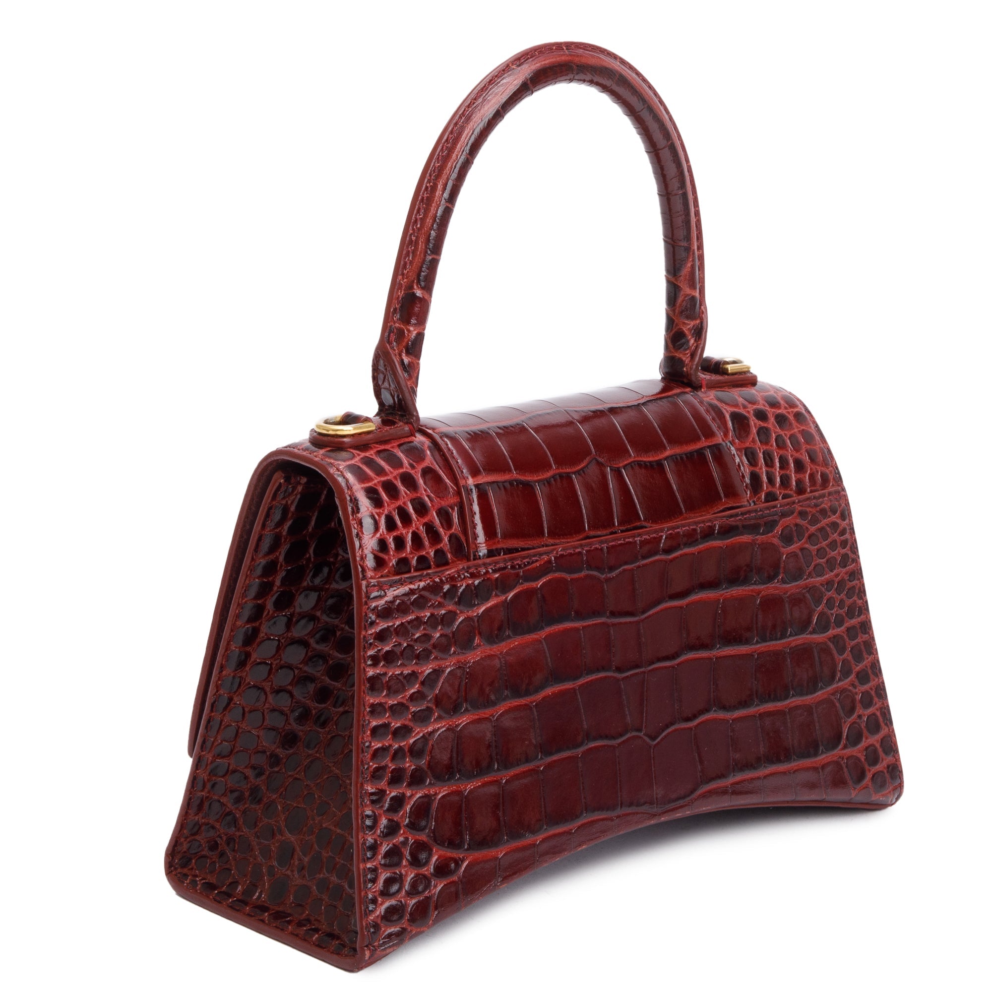 Balenciaga Burgundy Croc Embossed Leather Small Hourglass Top Handle Bag w/ Strap & Receipt