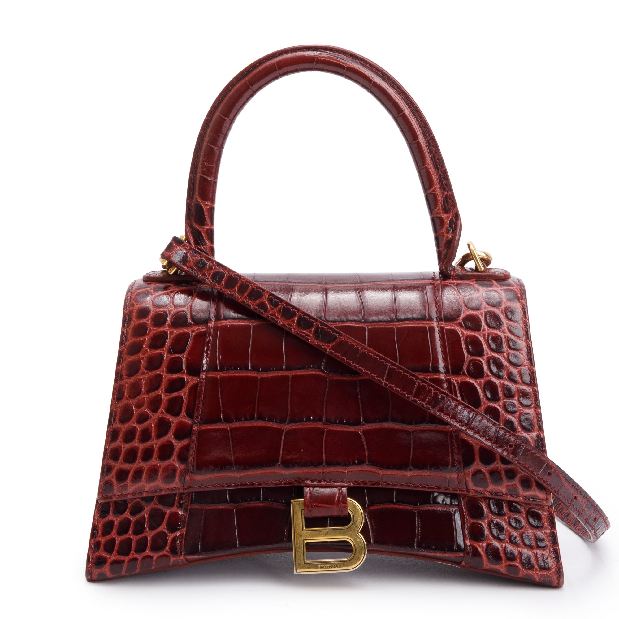 Balenciaga Burgundy Croc Embossed Leather Small Hourglass Top Handle Bag w/ Strap & Receipt