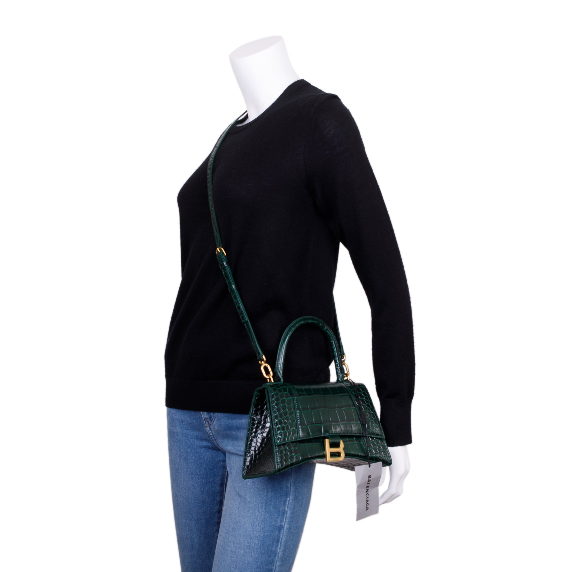 Balenciaga Green Croc-Embossed Calfskin Leather Small Hourglass Top Handle Bag w/ Strap
