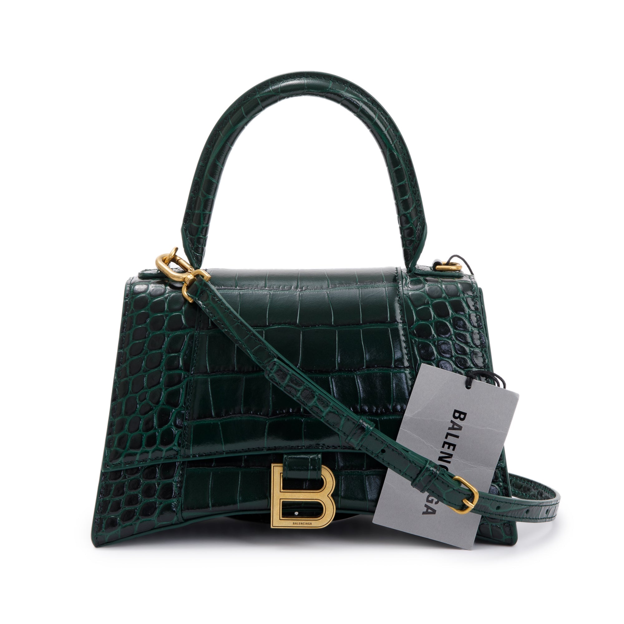 Balenciaga Green Croc-Embossed Calfskin Leather Small Hourglass Top Handle Bag w/ Strap