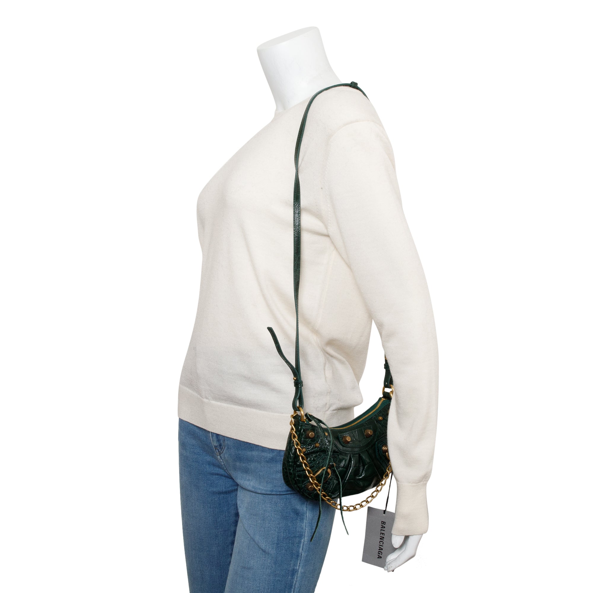 Balenciaga Green Crocodile Embossed Leather Mini Le Cagole Crossbody with Chain