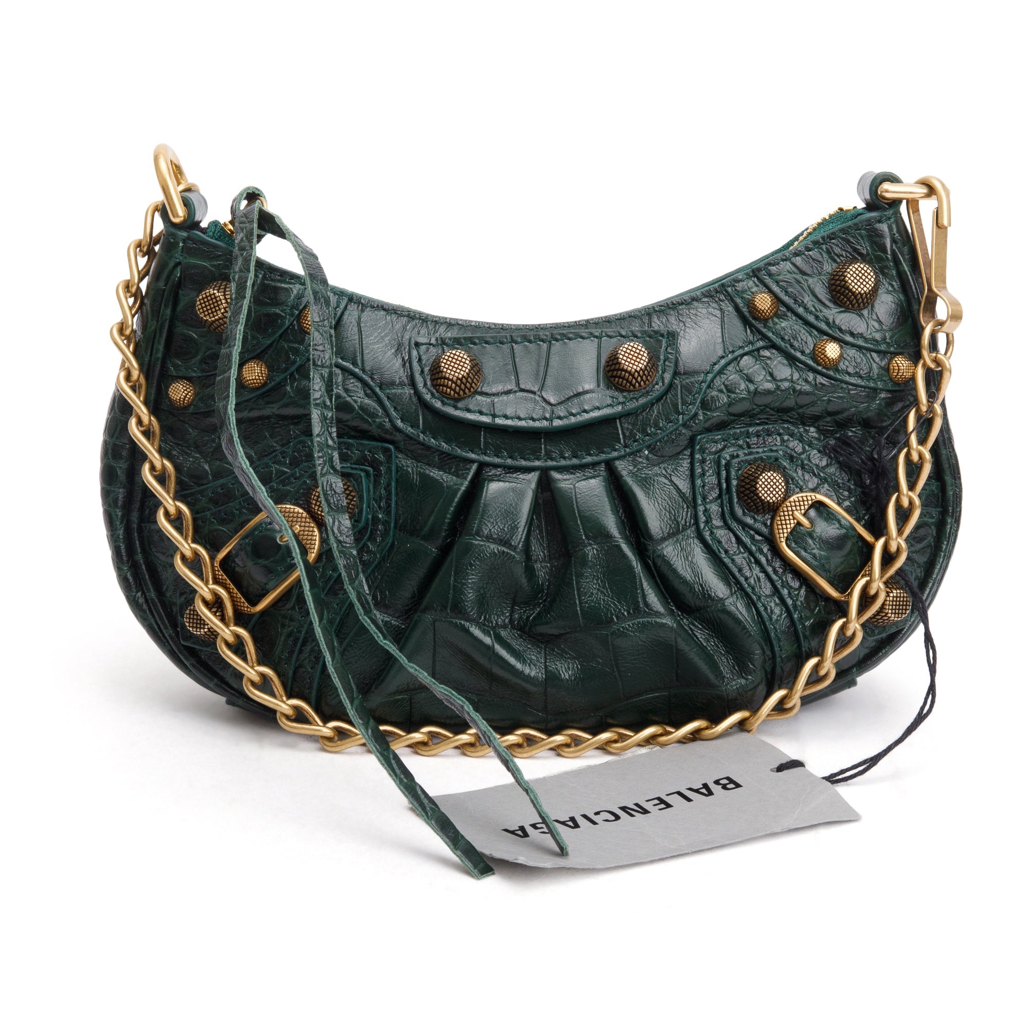 Balenciaga Green Crocodile Embossed Leather Mini Le Cagole Crossbody with Chain