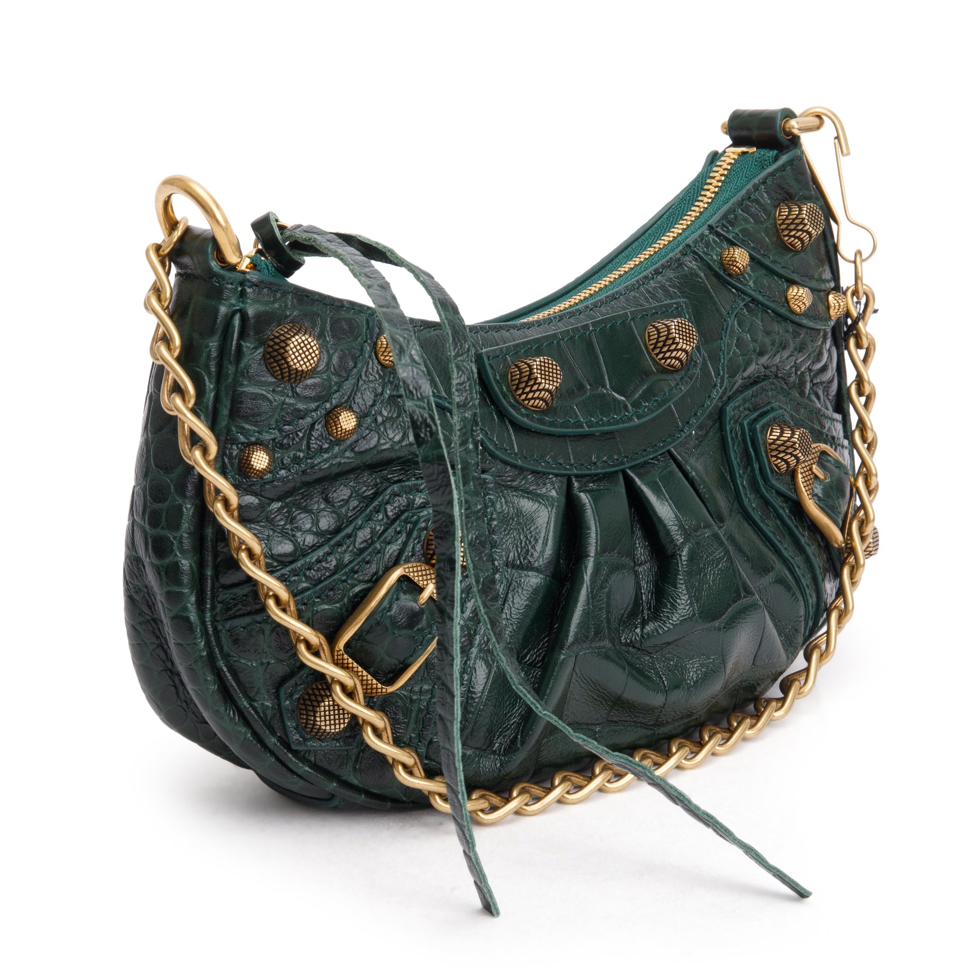 Balenciaga Green Crocodile Embossed Leather Mini Le Cagole Crossbody with Chain
