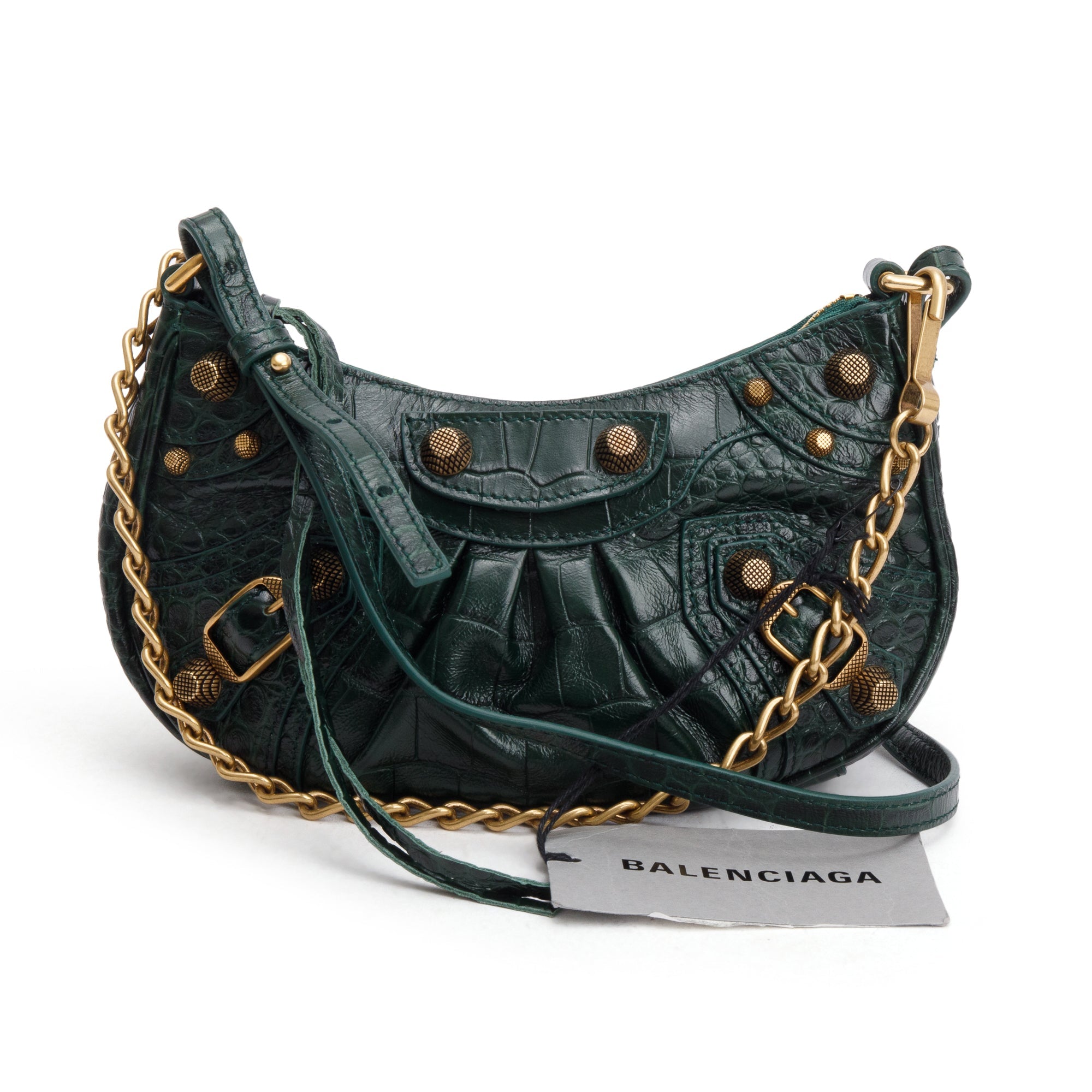 Balenciaga Green Crocodile Embossed Leather Mini Le Cagole Crossbody with Chain