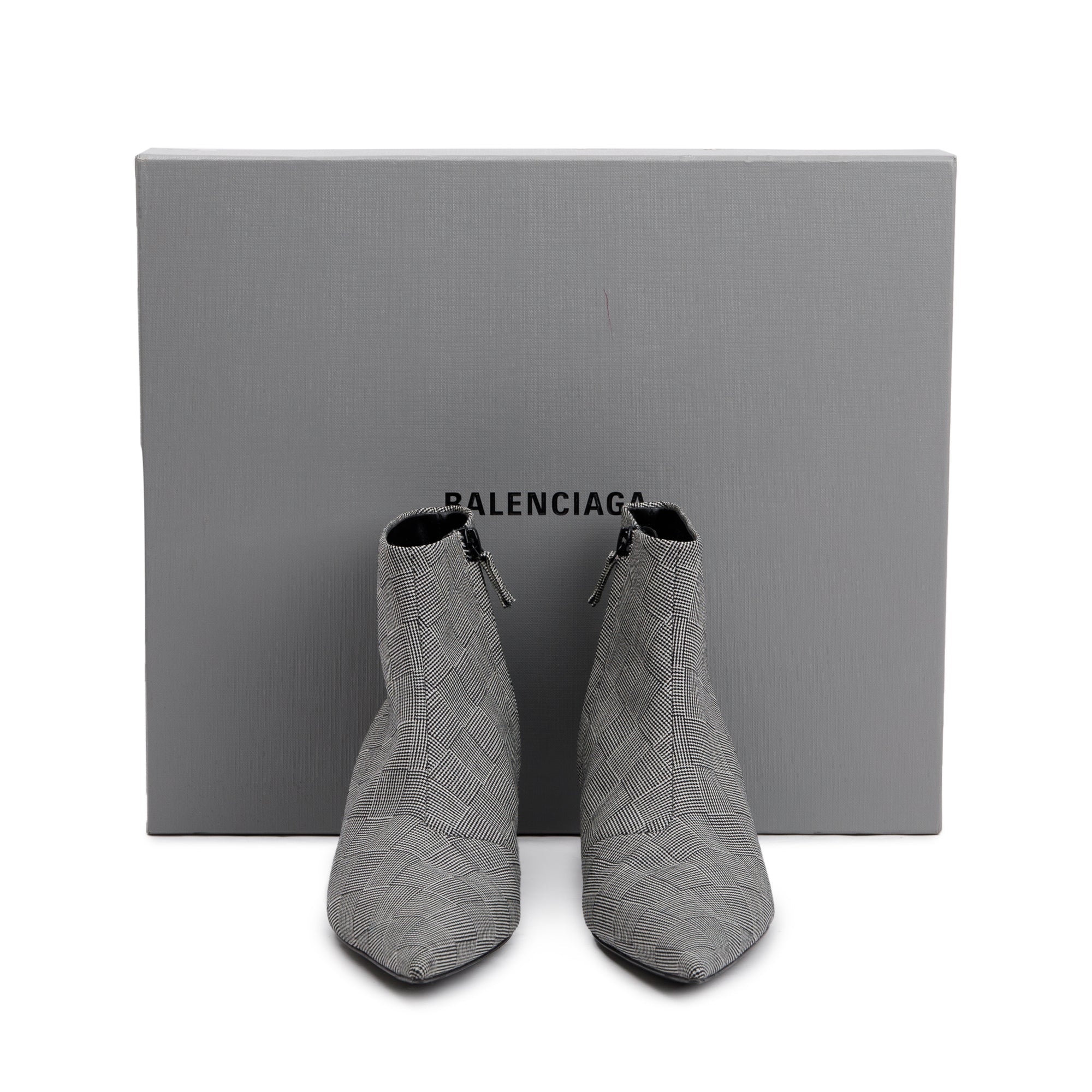 Balenciaga Grey Checked Wool Knife Pointy Toe Ankle Boots, Size 35.5 w/ Box