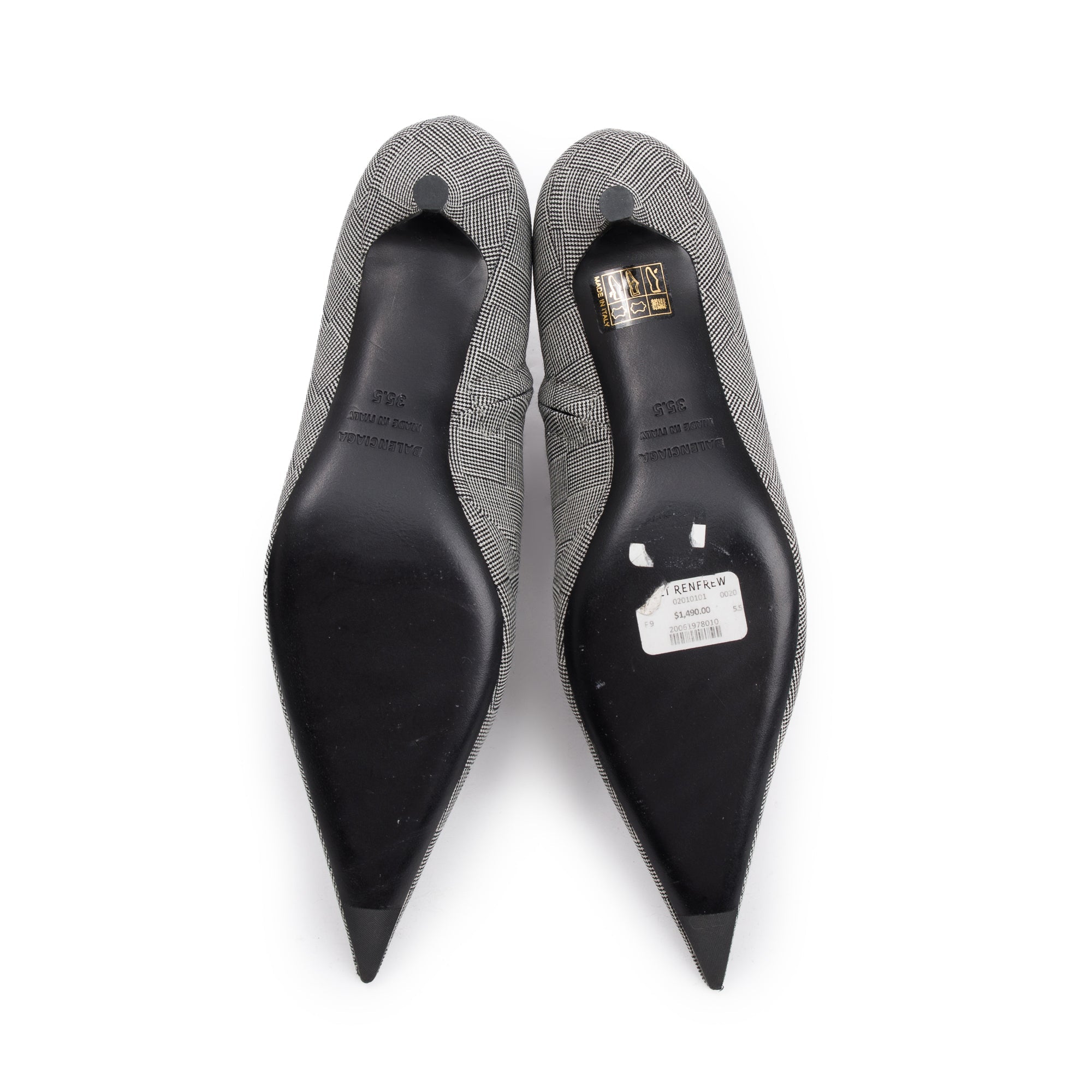 Balenciaga Grey Checked Wool Knife Pointy Toe Ankle Boots, Size 35.5 w/ Box