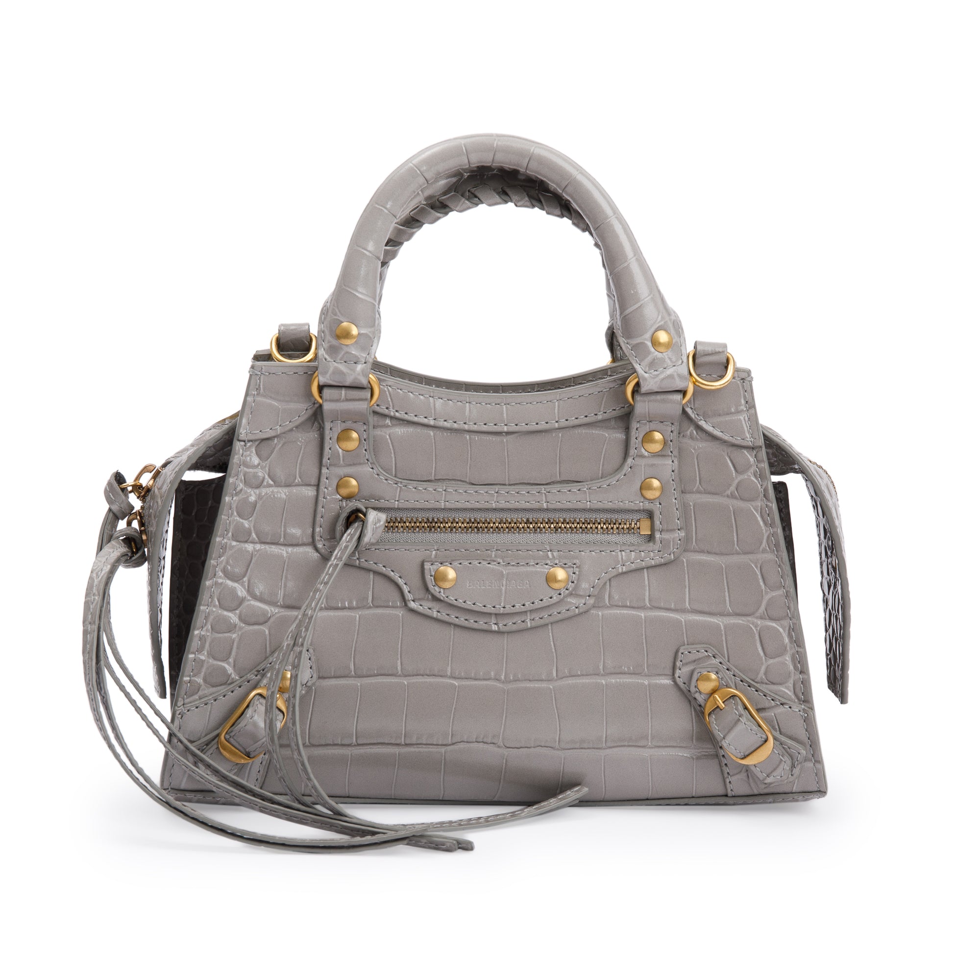 Balenciaga Grey Crocodile Embossed Calfskin Leather MIni Neo Classic Top Handle Bag w/ Strap