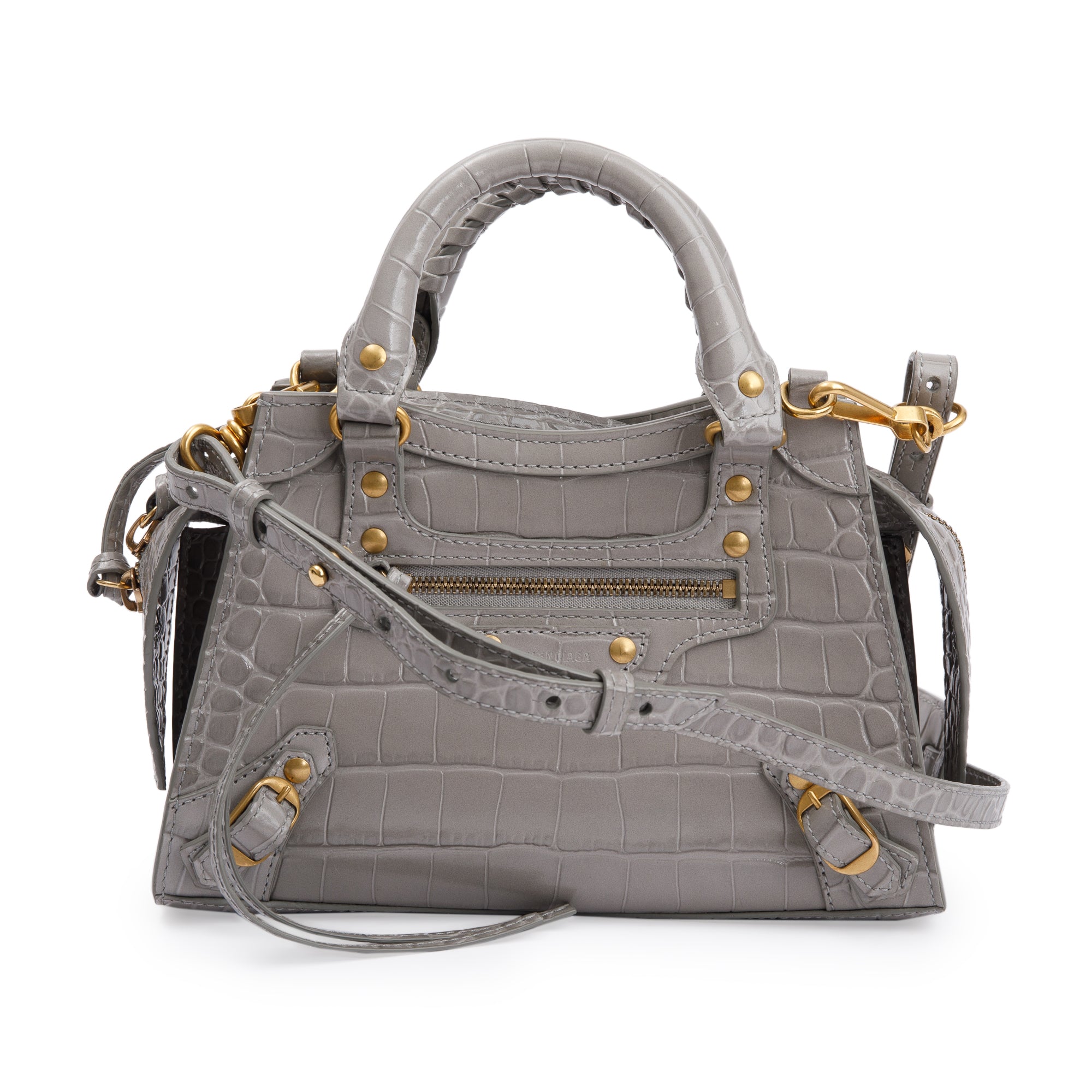 Balenciaga Grey Crocodile Embossed Calfskin Leather MIni Neo Classic Top Handle Bag w/ Strap