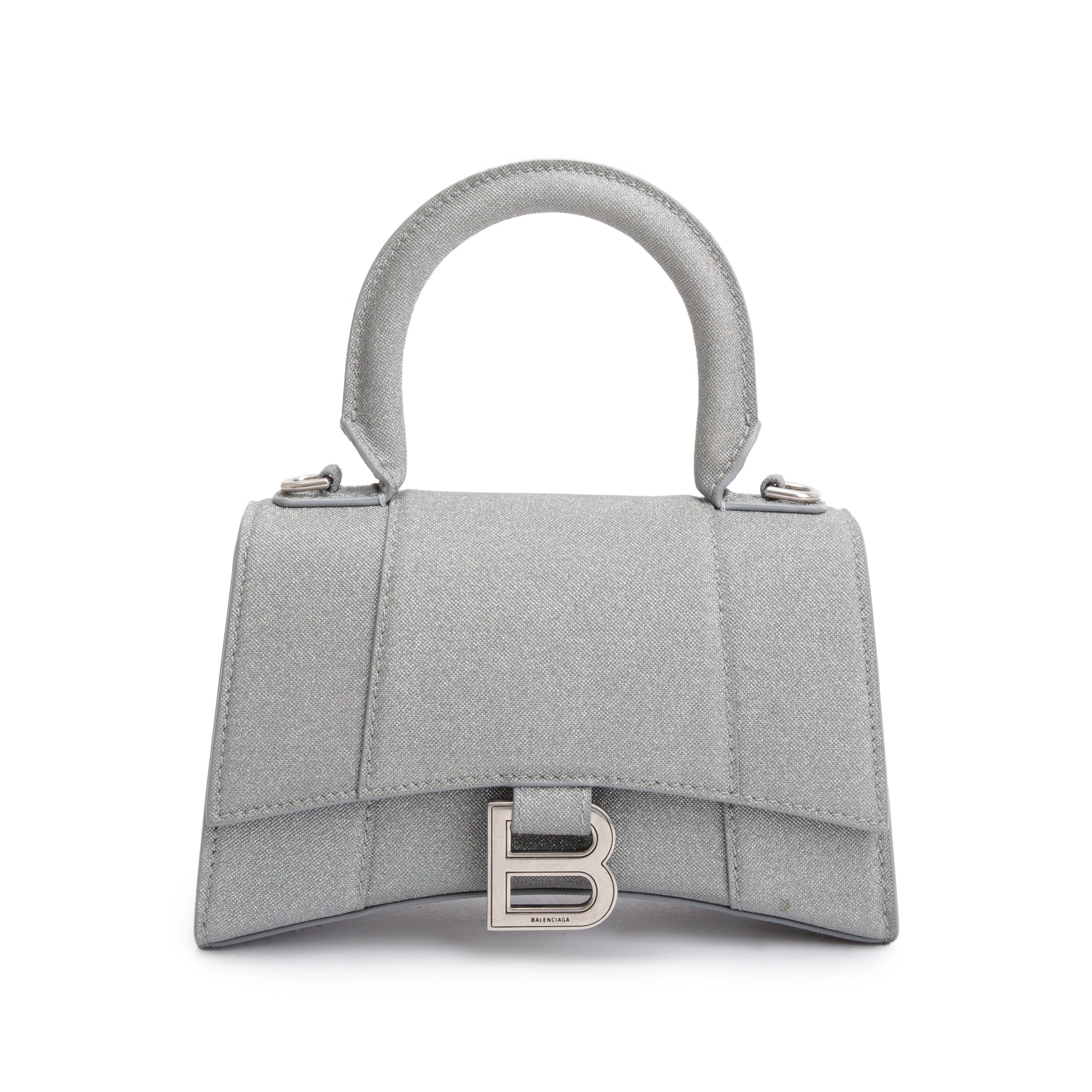 Balenciaga Grey Glitter Fabric XS Hourglass Top Handle Bag w/ Strap