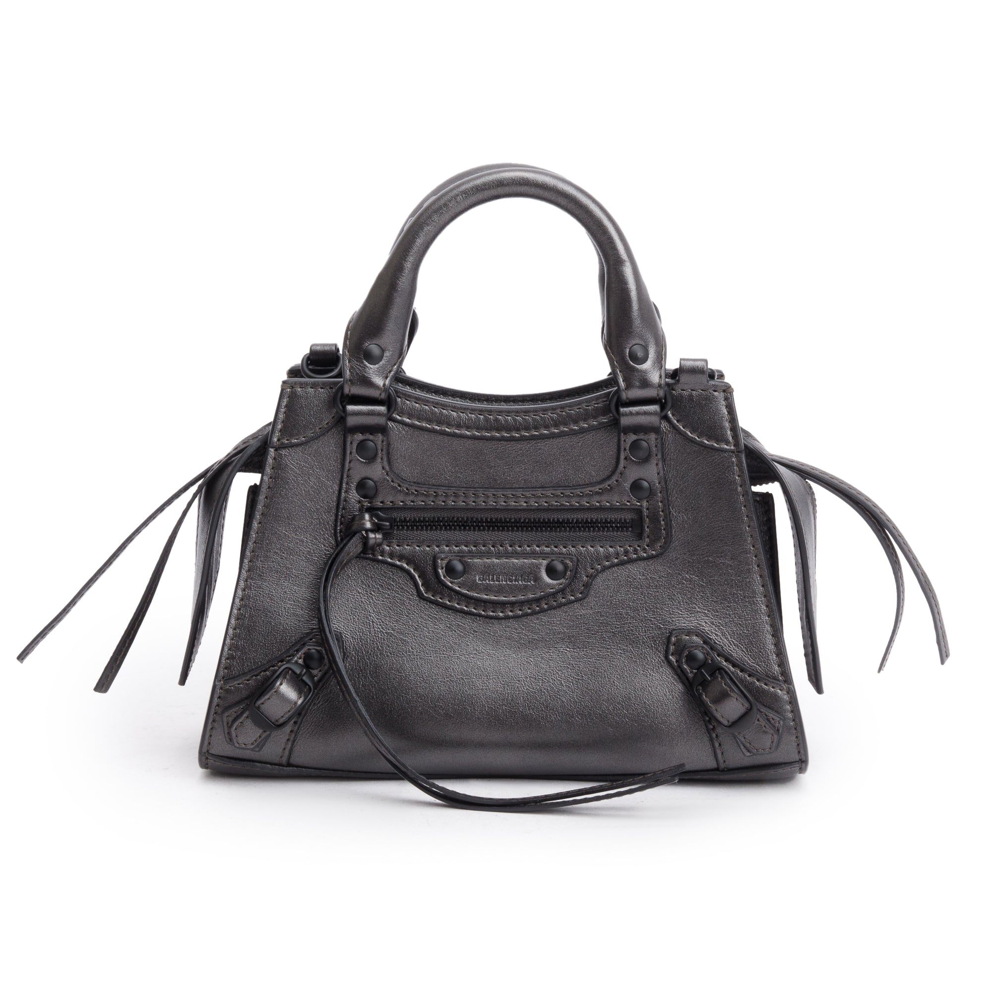 Balenciaga Grey Metallic Calfskin Leather MIni Neo Classic Top Handle Bag w/ Strap