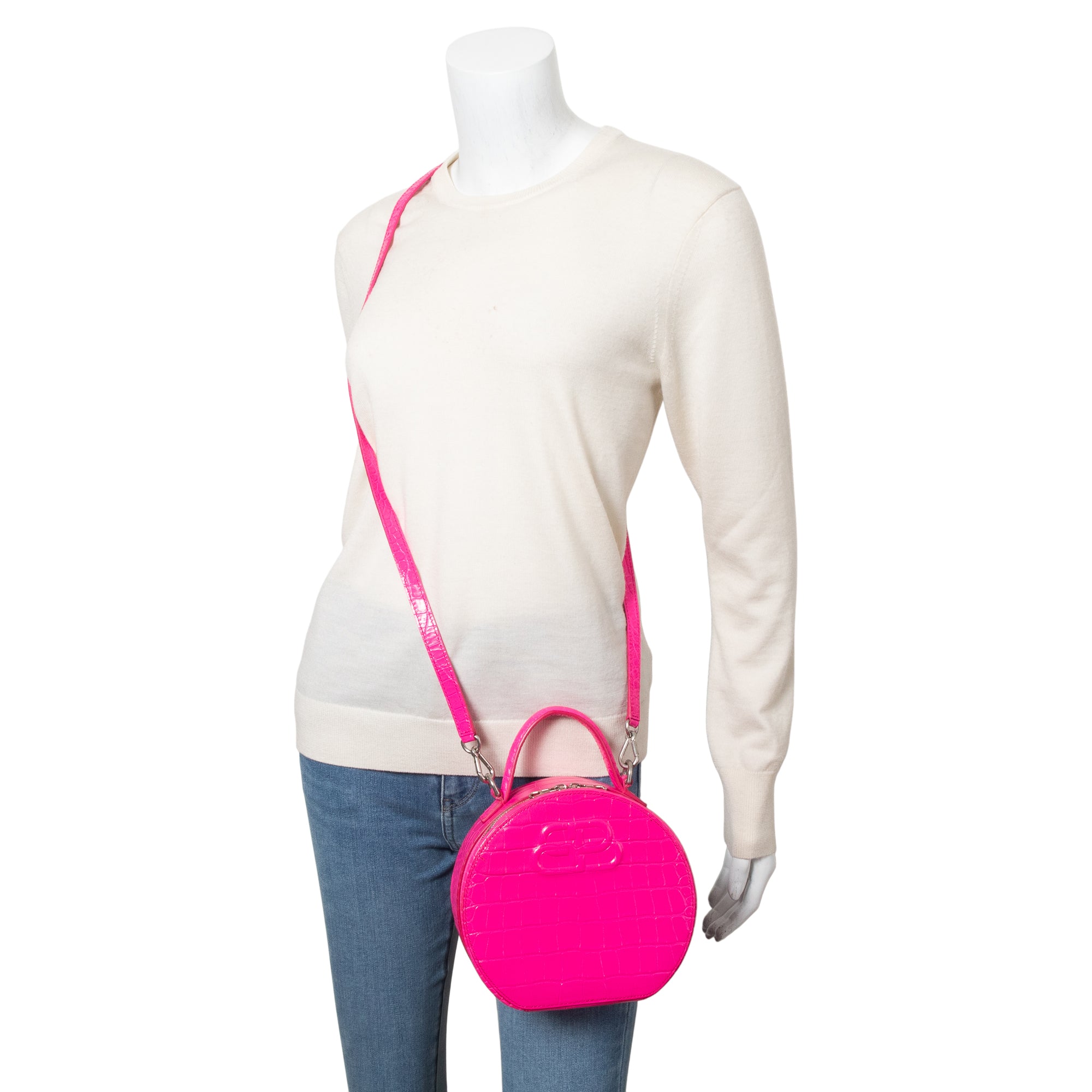 Balenciaga Pink Croc-Embossed Leather BB Vanity Round Crossbody
