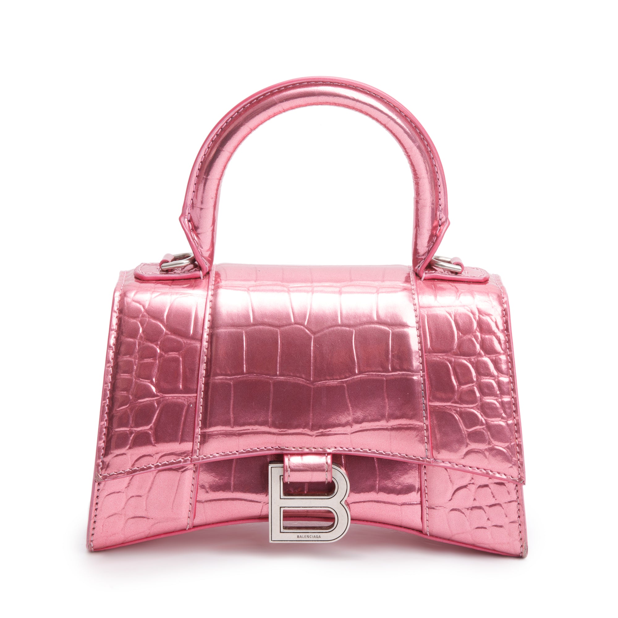 Balenciaga Pink Metallic Croc Embossed XS Hourglass Top Handle Bag w/ Strap