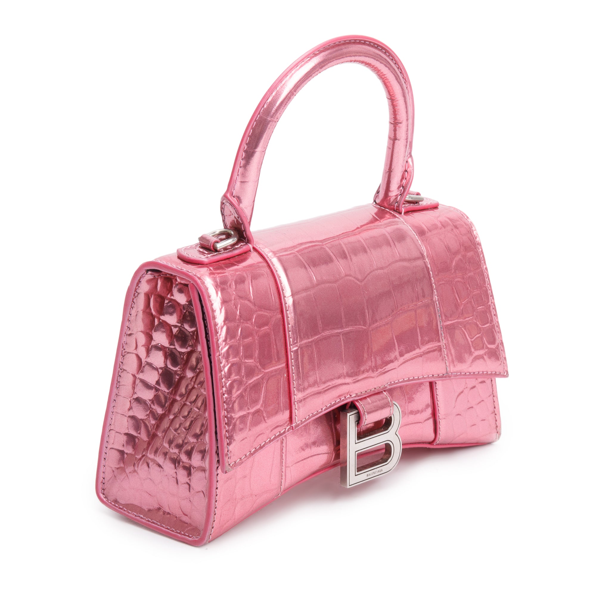 Balenciaga Pink Metallic Croc Embossed XS Hourglass Top Handle Bag w/ Strap