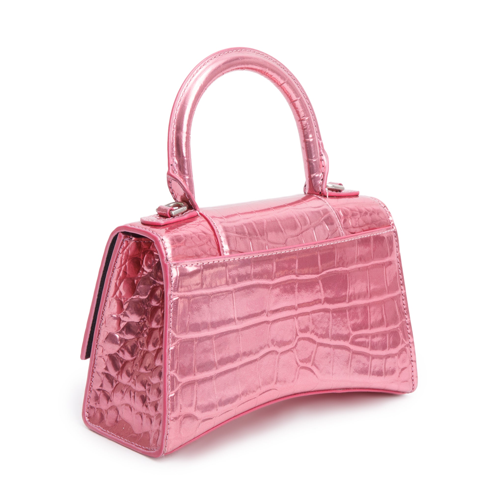 Balenciaga Pink Metallic Croc Embossed XS Hourglass Top Handle Bag w/ Strap