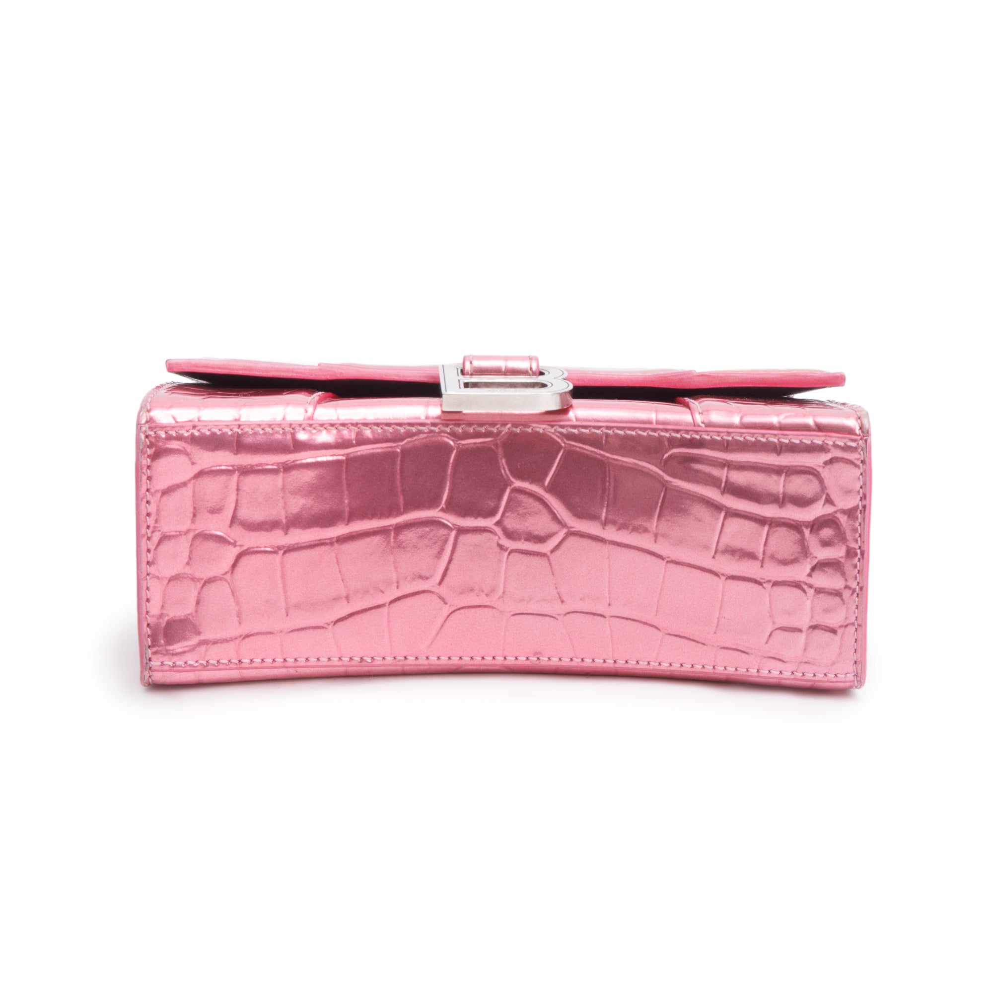 Balenciaga Pink Metallic Croc Embossed XS Hourglass Top Handle Bag w/ Strap