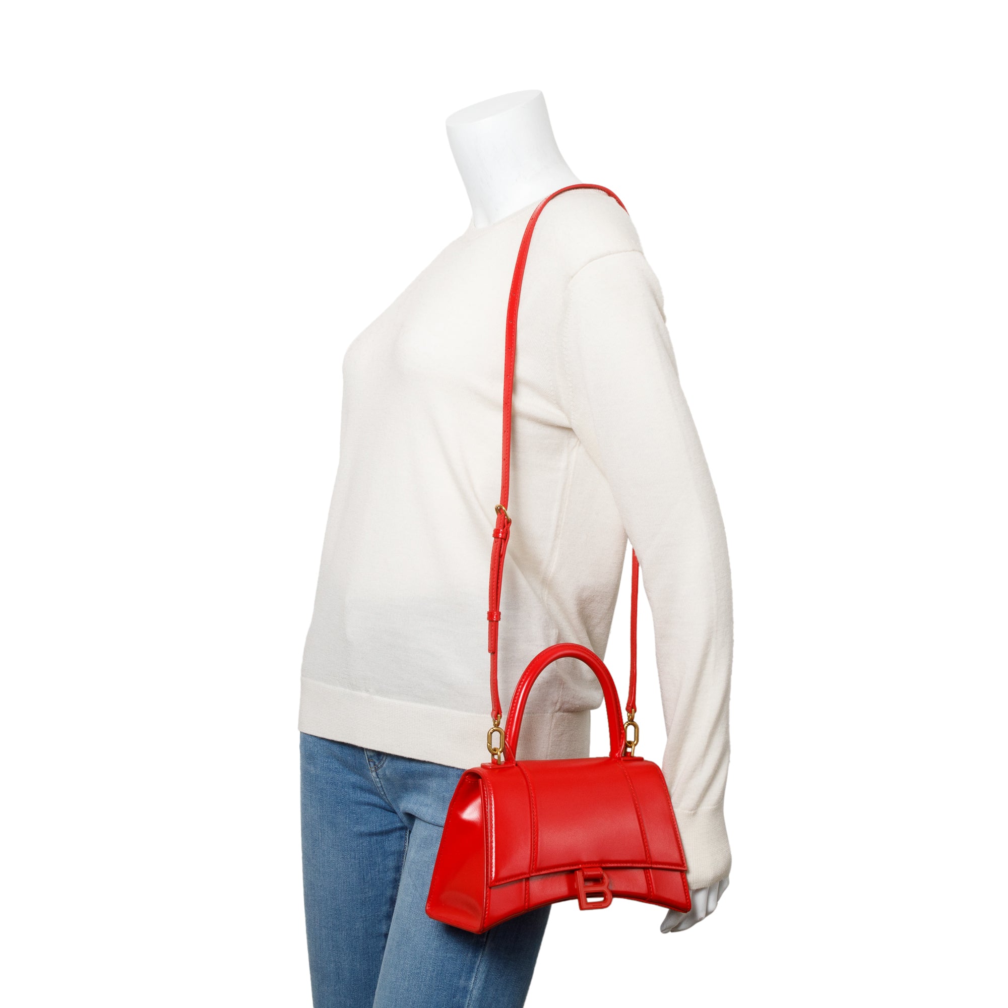 Balenciaga Red Smooth Leather Small Hourglass Top Handle Bag w/ Strap