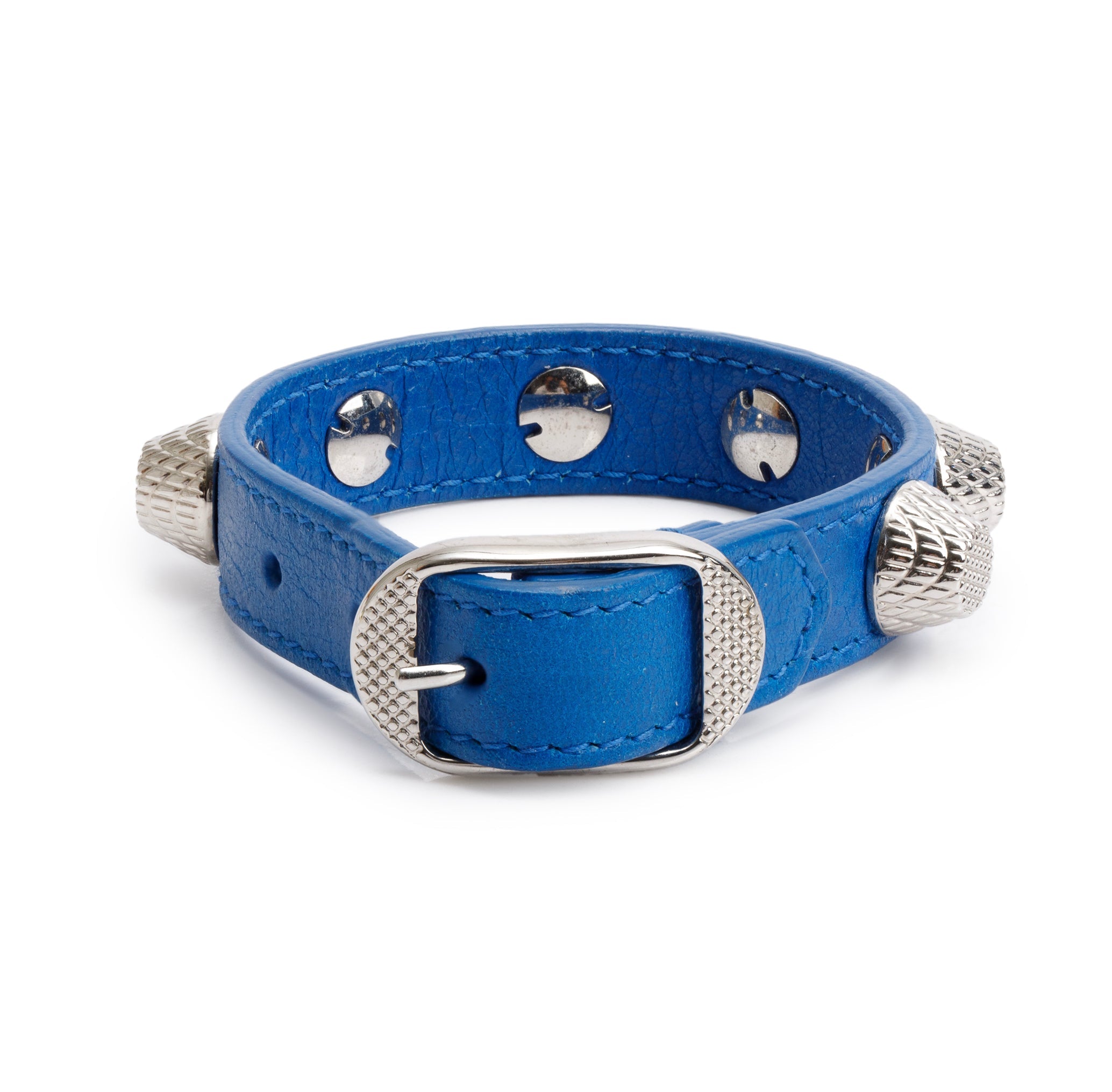 Balenciaga Silver Hardware Blue Leather Studded Wrap Bracelet, Size M
