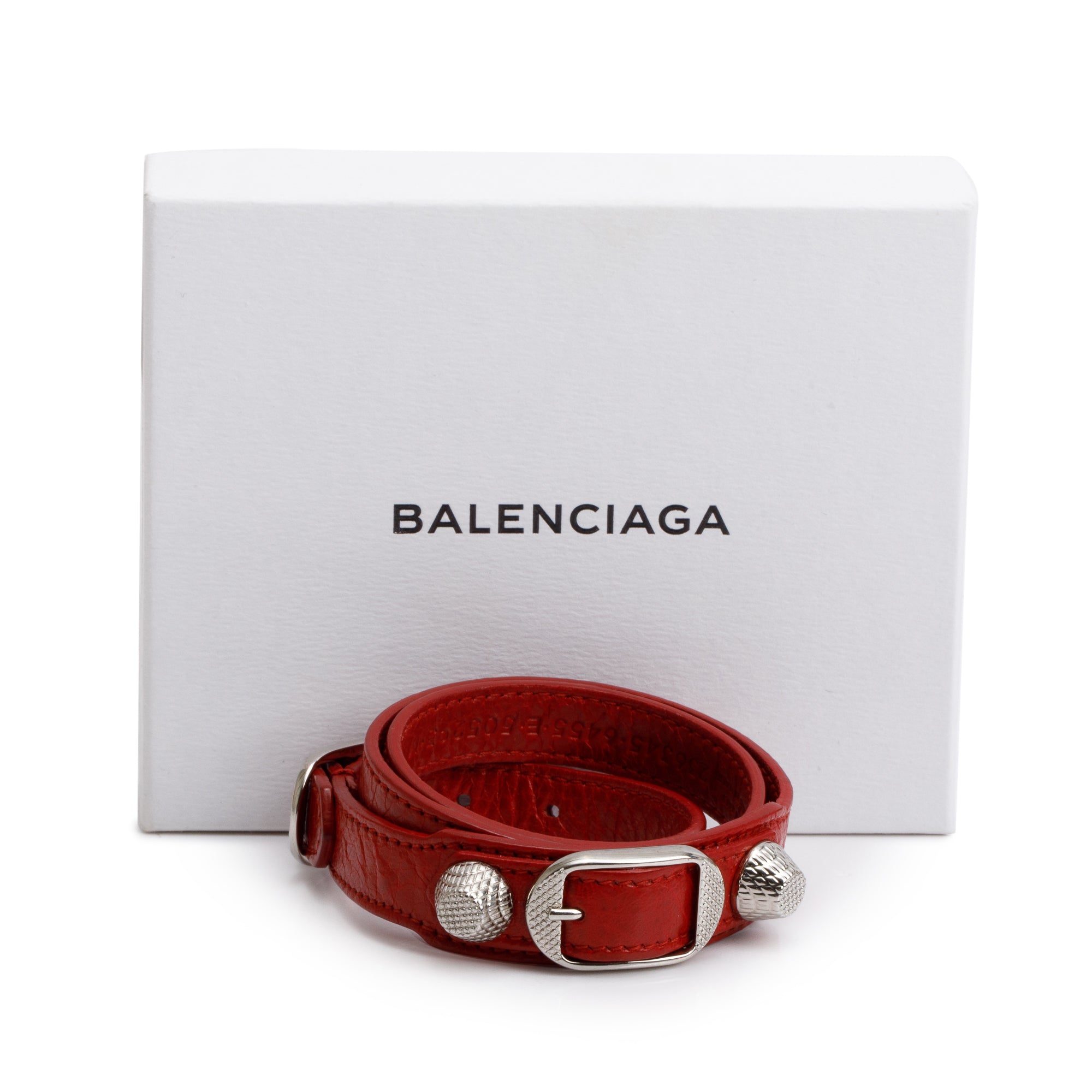 Balenciaga Silver Hardware Red Leather Arena Giant Triple Tour Wrap Bracelet, Size M w/ Box