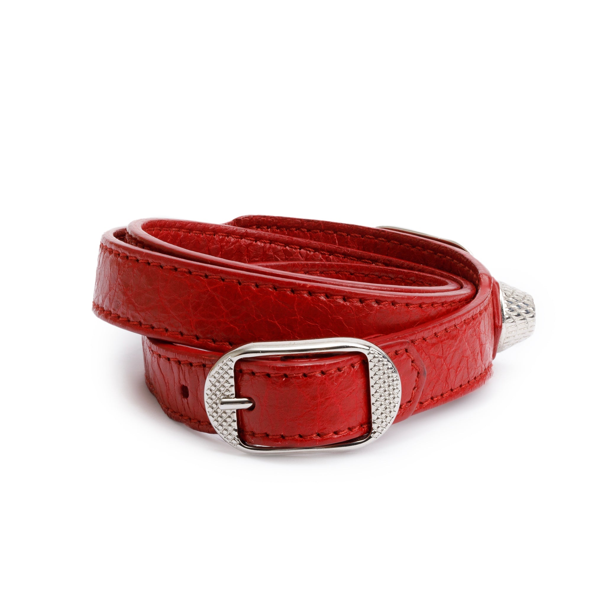 Balenciaga Silver Hardware Red Leather Arena Giant Triple Tour Wrap Bracelet, Size M w/ Box