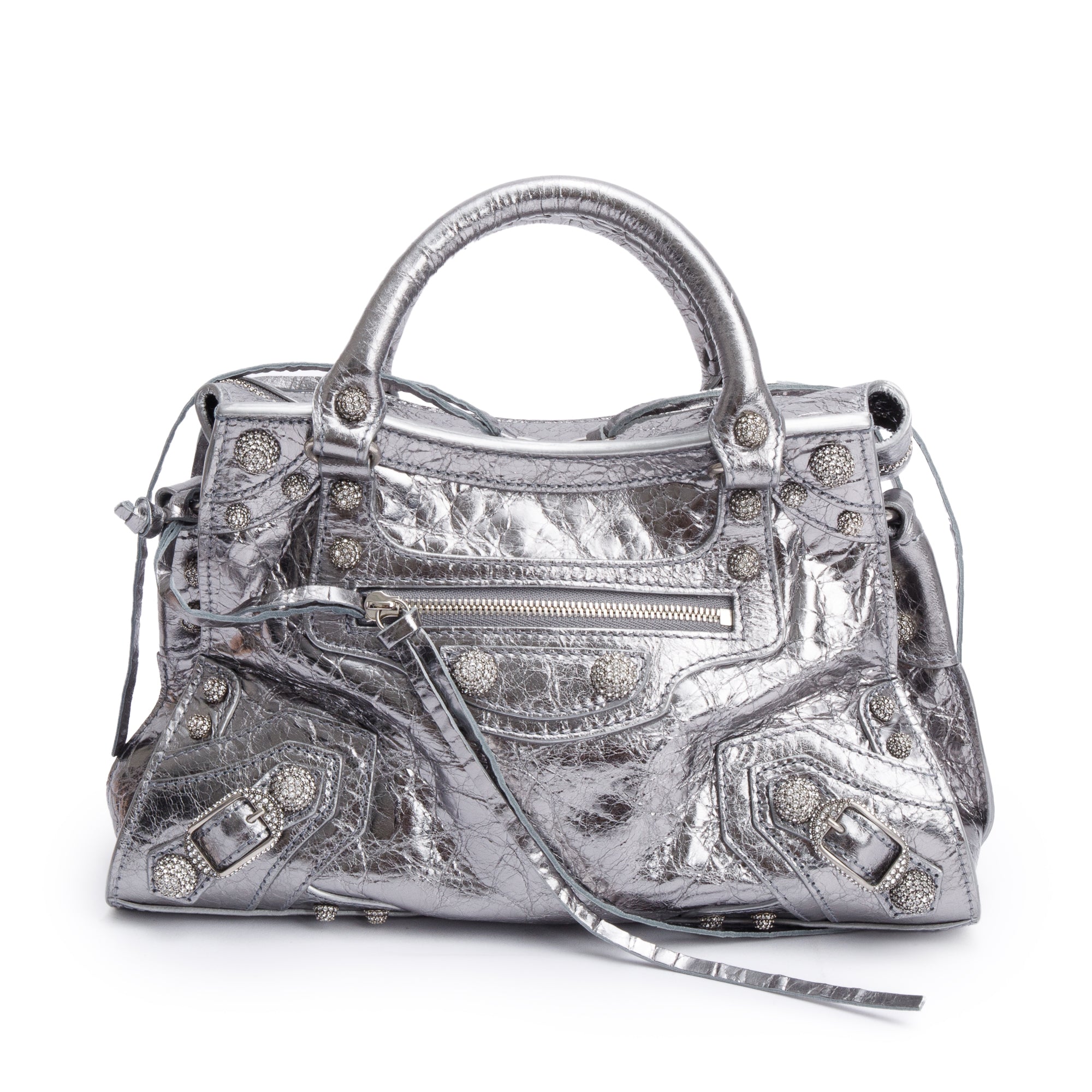 Balenciaga Silver Metallic Arena Leather Crystal Neo Cagole XS City Bag w/ Strap