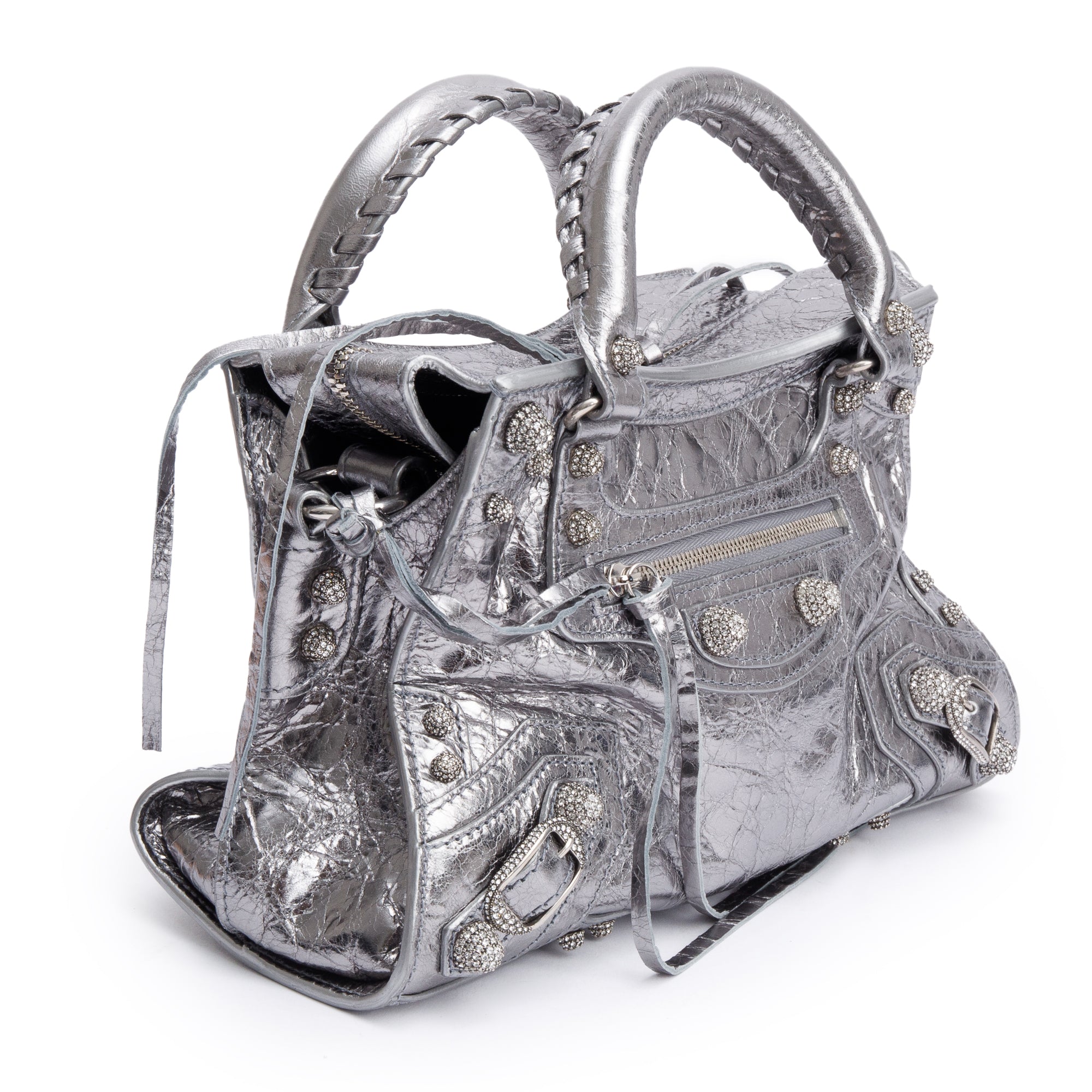 Balenciaga Silver Metallic Arena Leather Crystal Neo Cagole XS City Bag w/ Strap