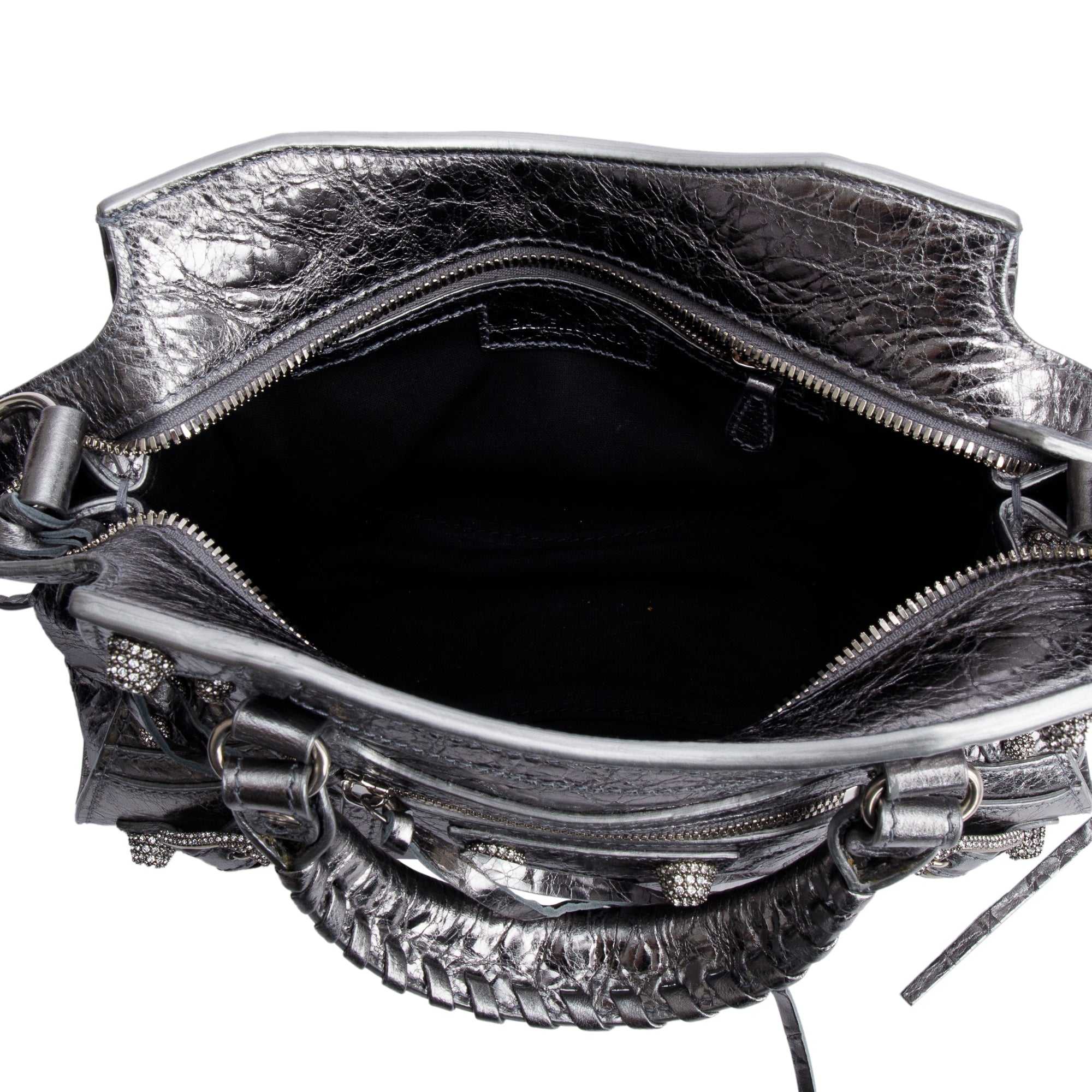 Balenciaga Silver Metallic Arena Leather Crystal Neo Cagole XS City Bag w/ Strap