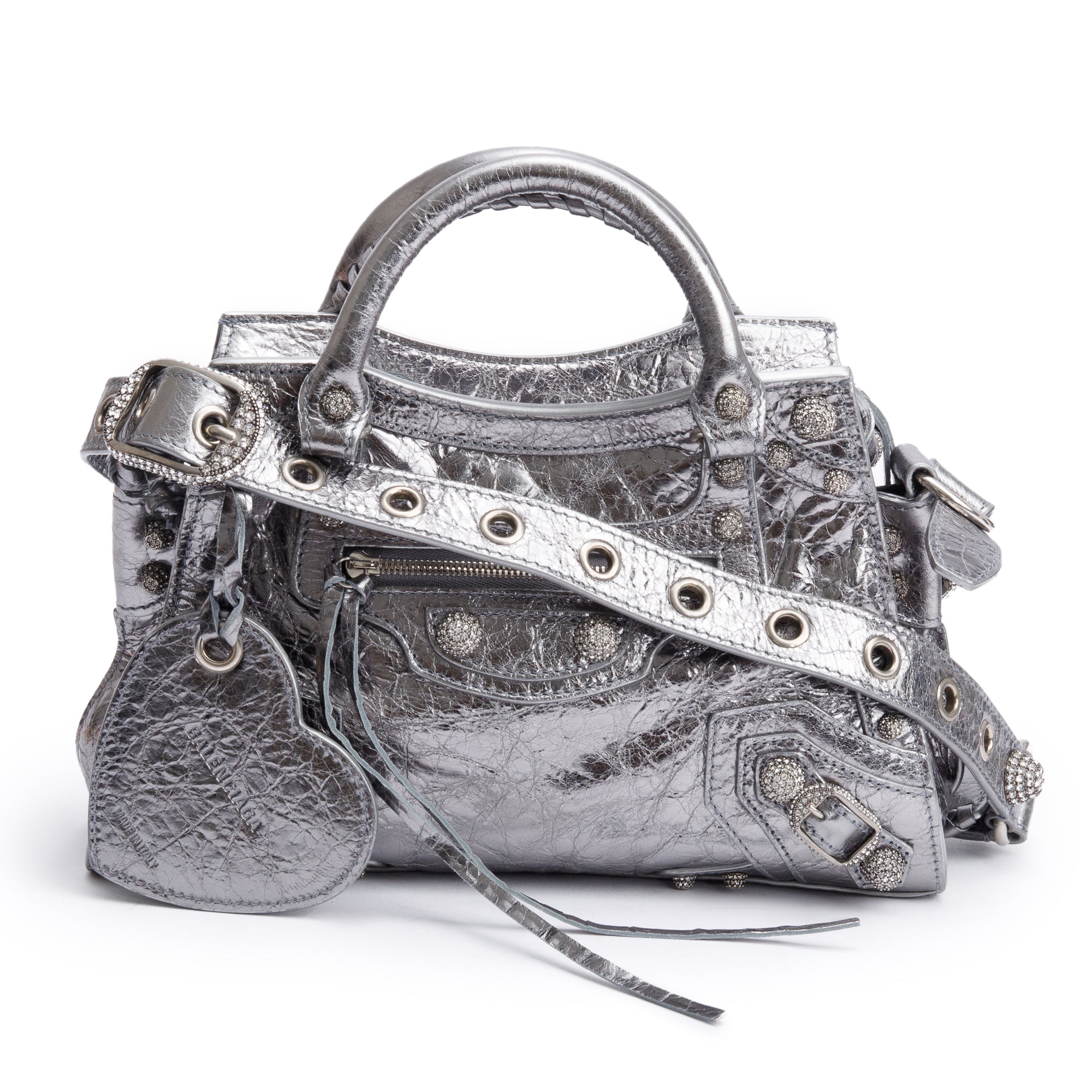 Balenciaga Silver Metallic Arena Leather Crystal Neo Cagole XS City Bag w/ Strap