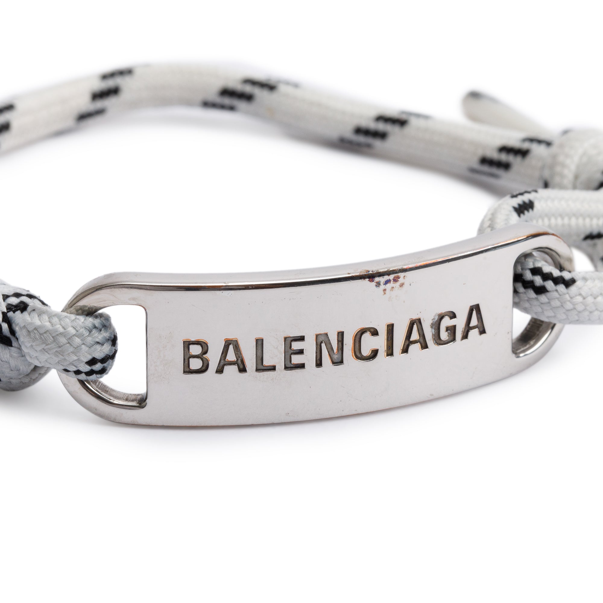 Balenciaga Silver Tone Metal White Cord Plate Bracelet