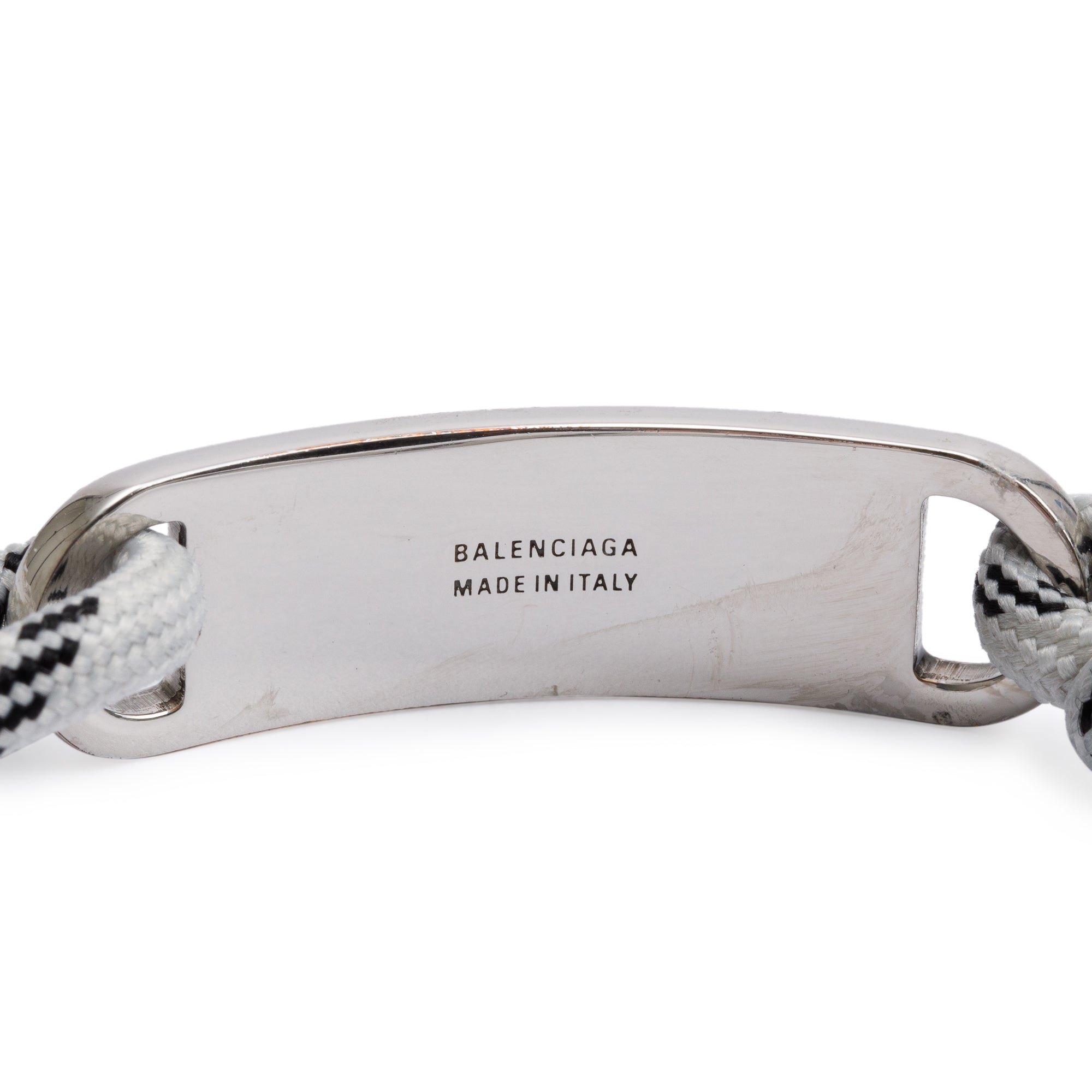 Balenciaga Silver Tone Metal White Cord Plate Bracelet