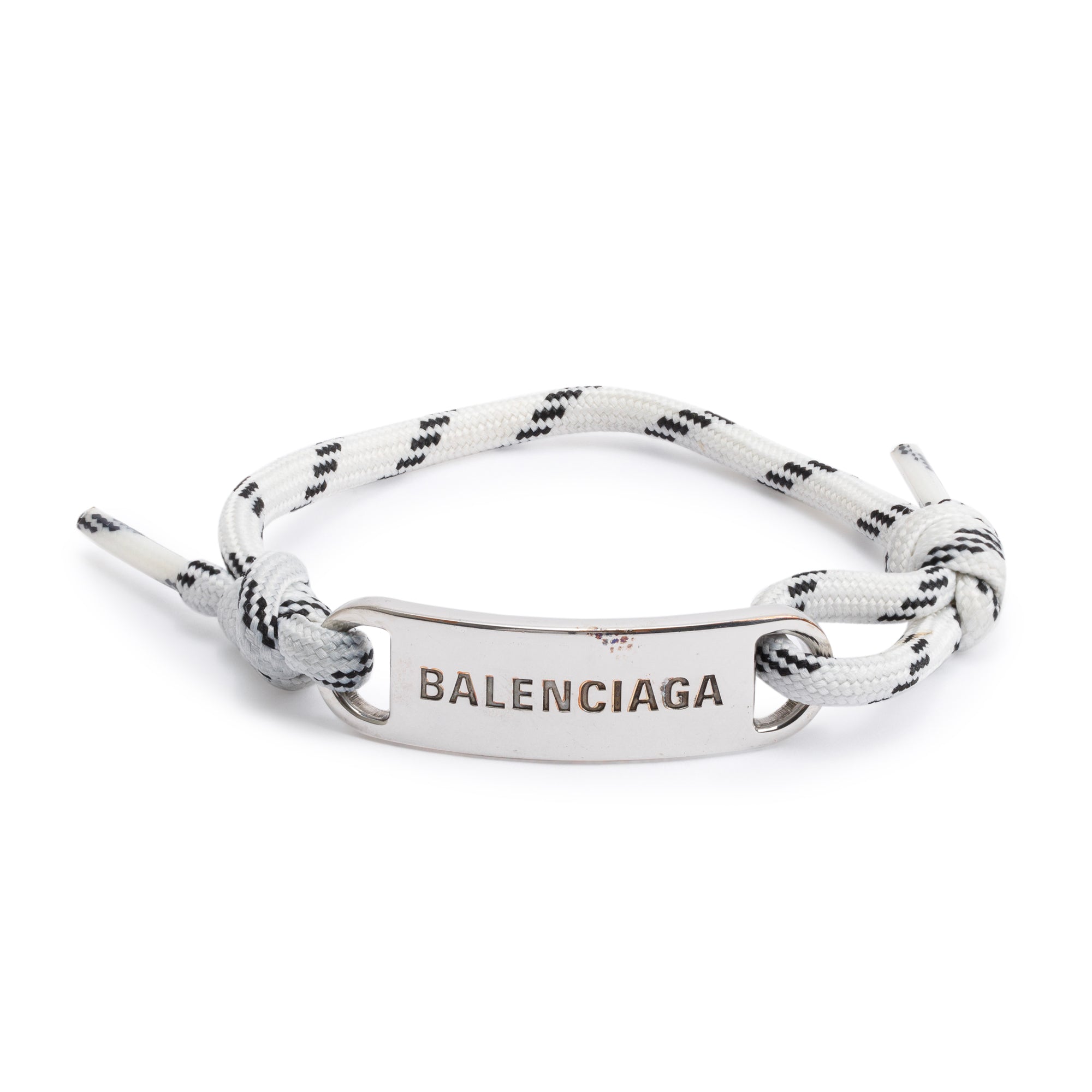 Balenciaga Silver Tone Metal White Cord Plate Bracelet