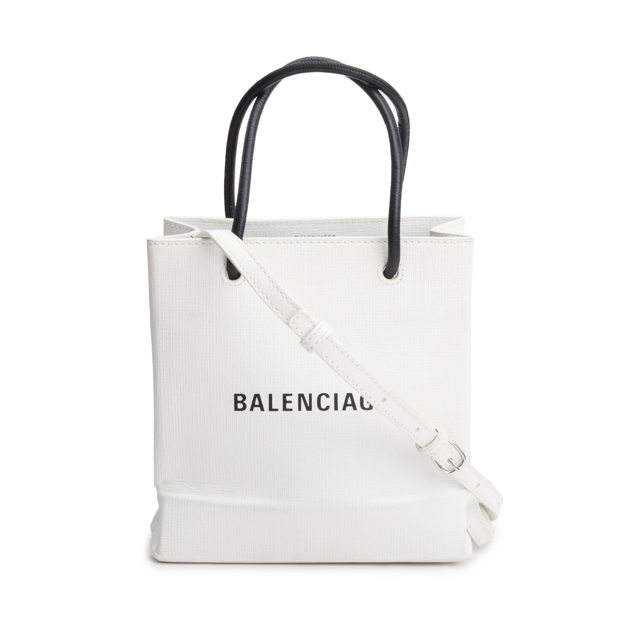 Balenciaga White Calfskin Leather XXS Logo Leather Shopping Tote