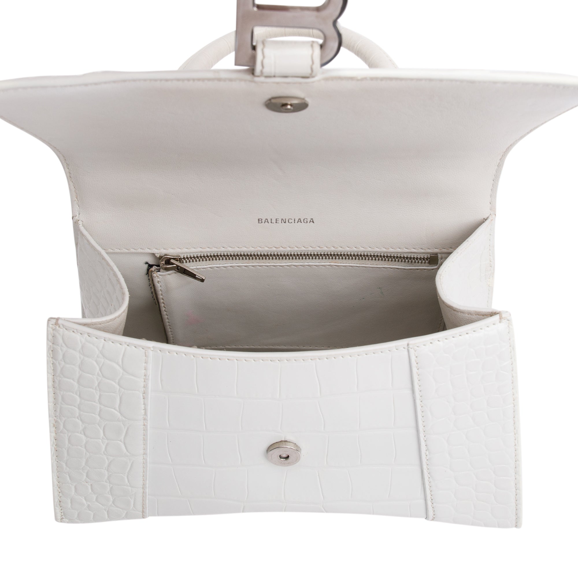 Balenciaga White Croc Embossed Leather Small Hourglass Top Handle Bag w/ Strap