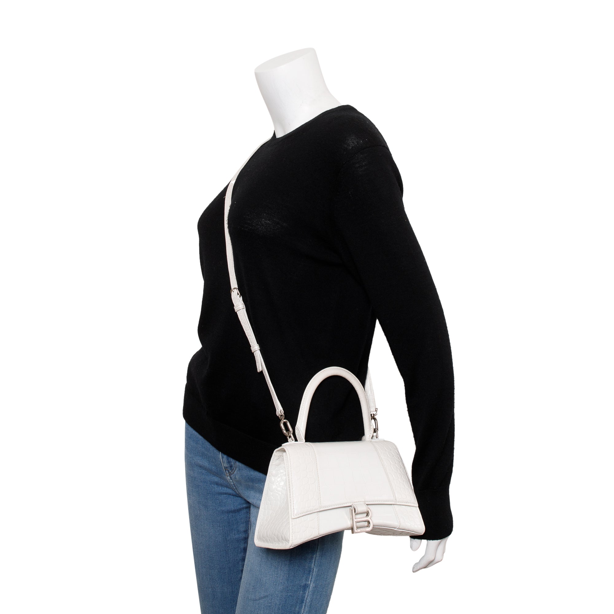 Balenciaga White Croc Embossed Leather Small Hourglass Top Handle Bag w/ Strap